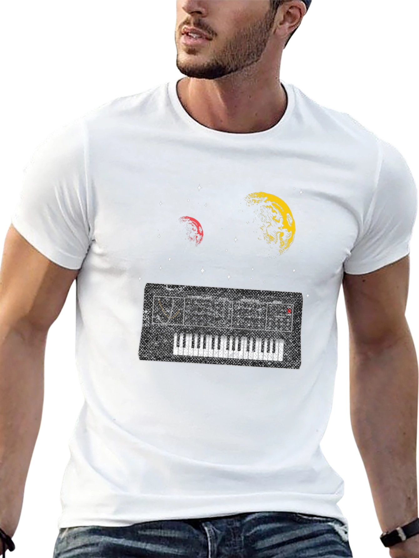 Space Synth Black T-Shirt - Retro Music Design