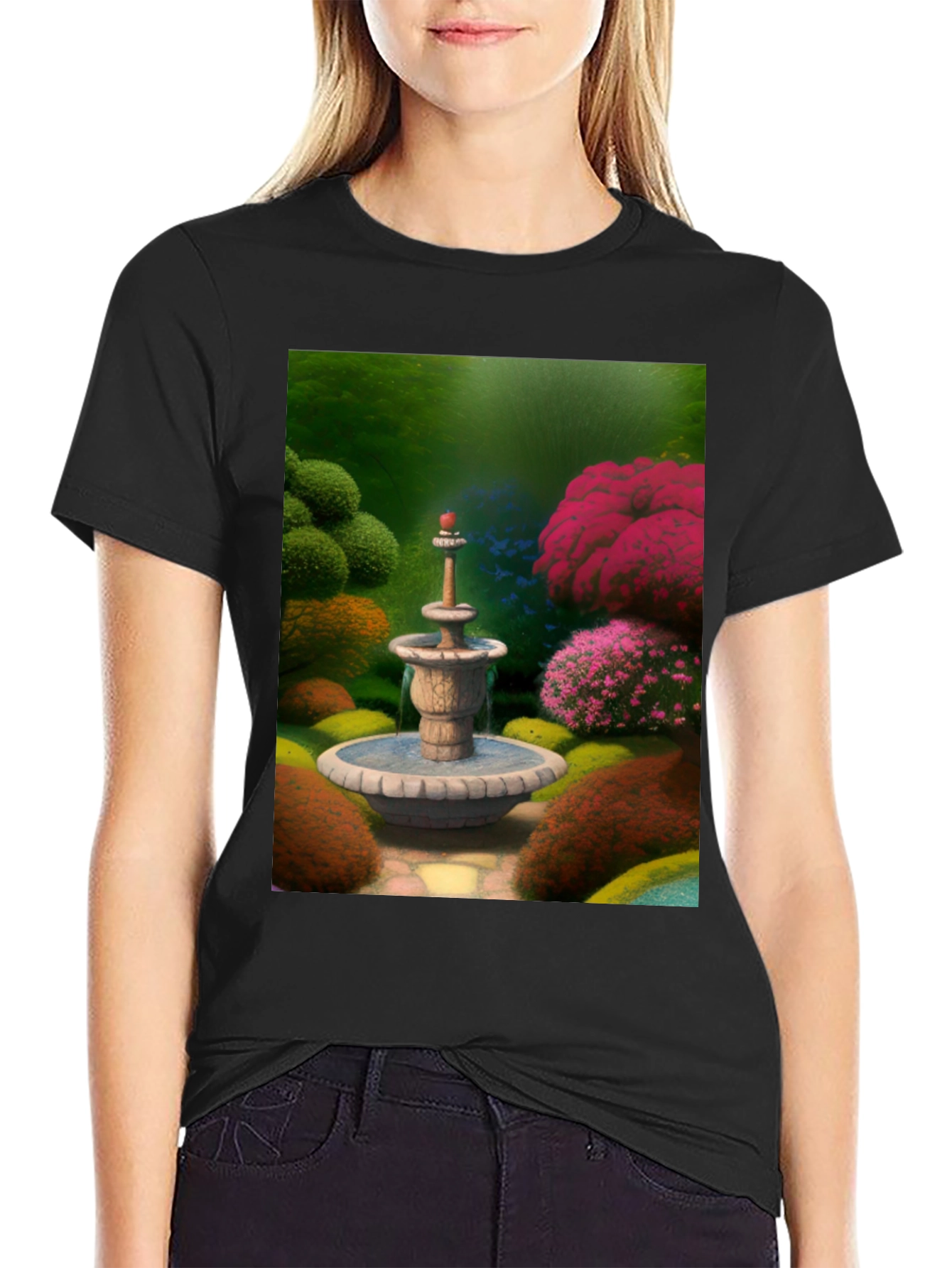 Fountain Garden T-Shirt Black Crew Neck Tee