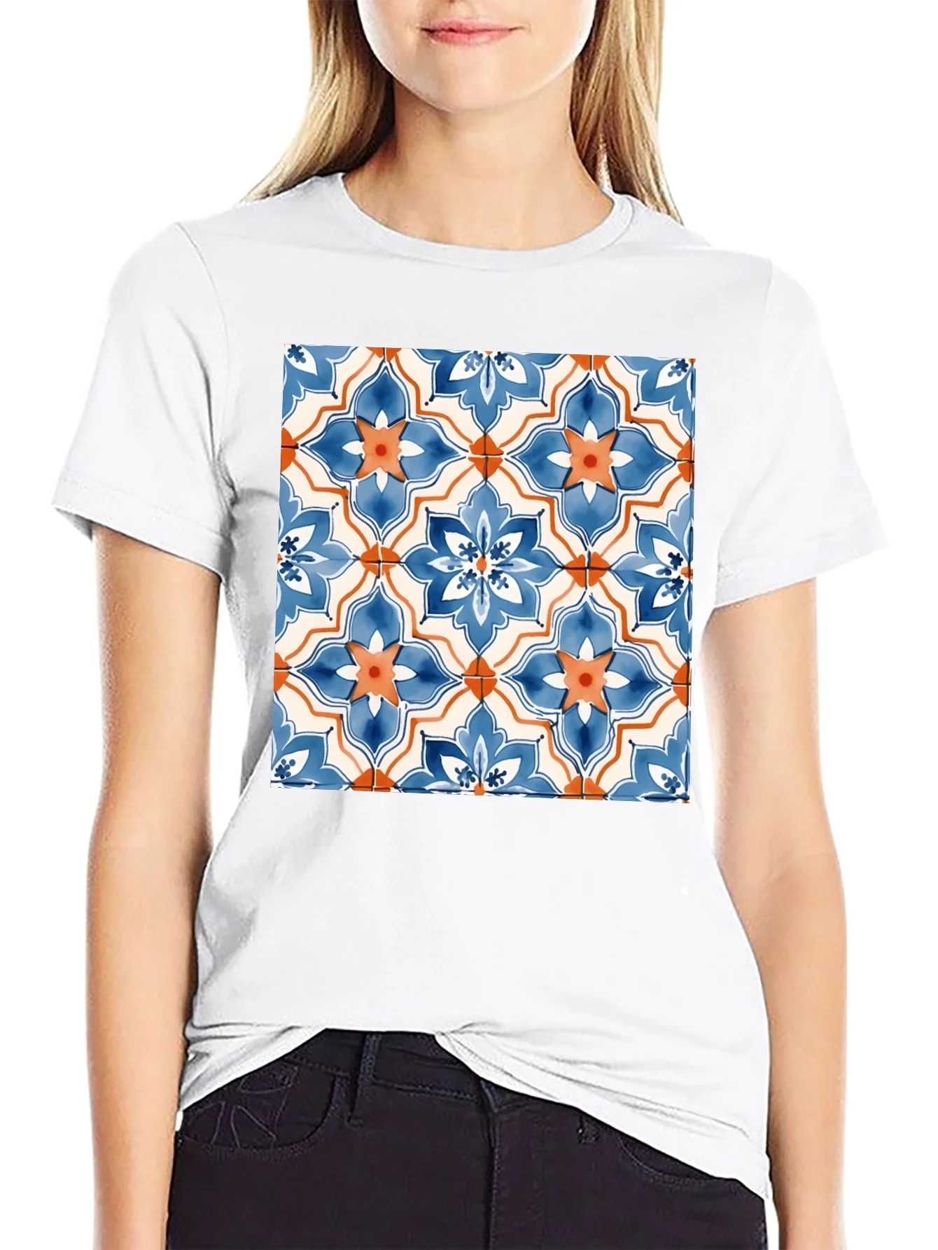 Tiled Floral Pattern Black T-Shirt