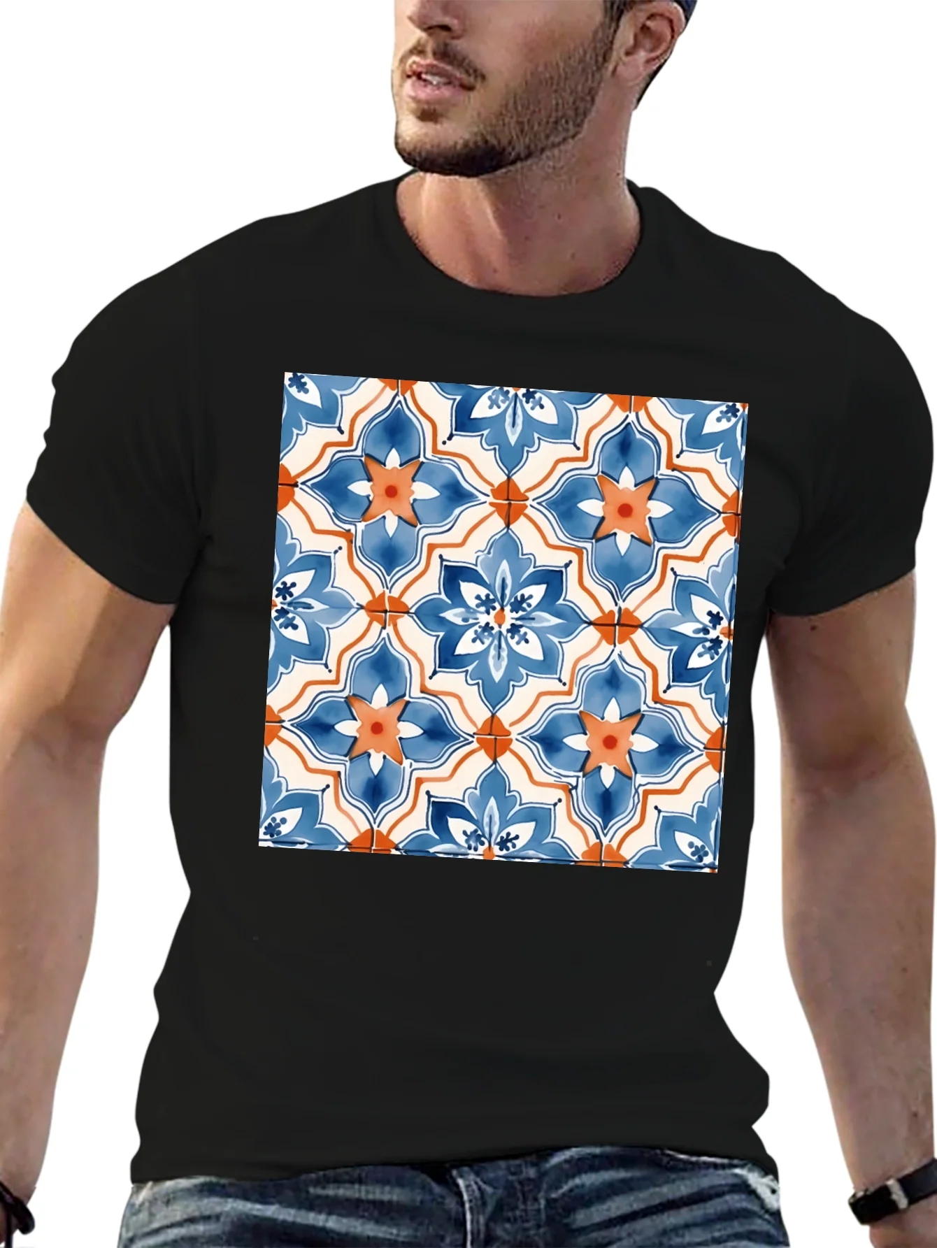 Tiled Floral Pattern Black T-Shirt