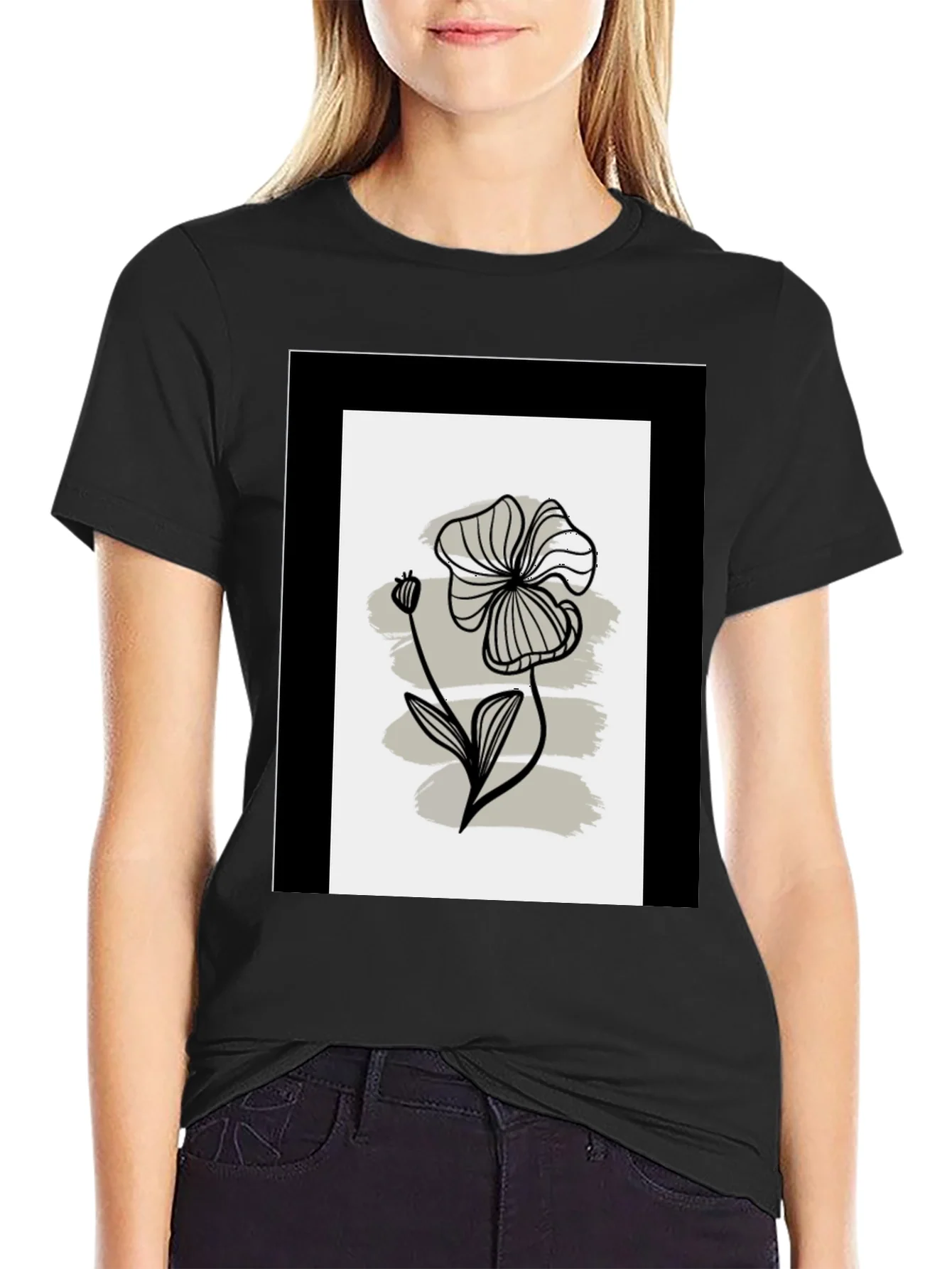 Minimalist Floral Graphic Tee - Black