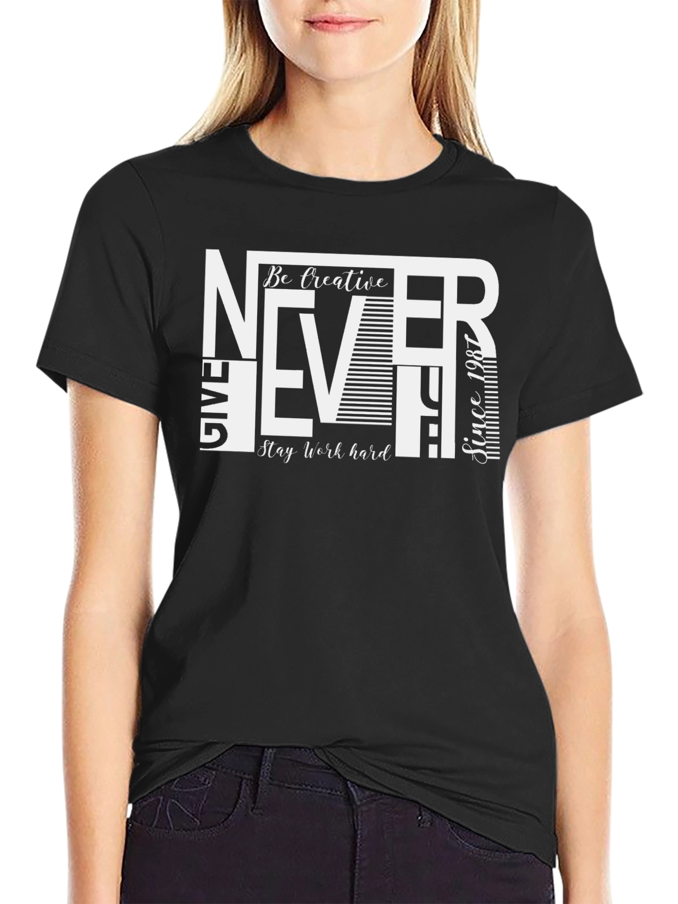 Black Never Give Up Graphic Print Crew Neck T-Shirt