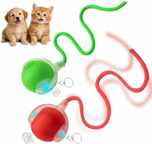 2 PCS Interactive Toys for Cats Dogs, Active Rolling Ball with Tail 360° Motion Activated Chase Buddy Cat Toy, Rechargeable Smart Automatic Rolling Pet Toy for Boredom Relief & Exercise (Red & Green)