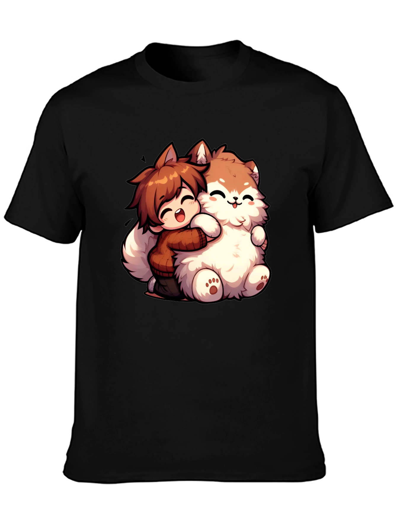 Anime Boy Hugging Fluffy Dog Cartoon T-Shirt