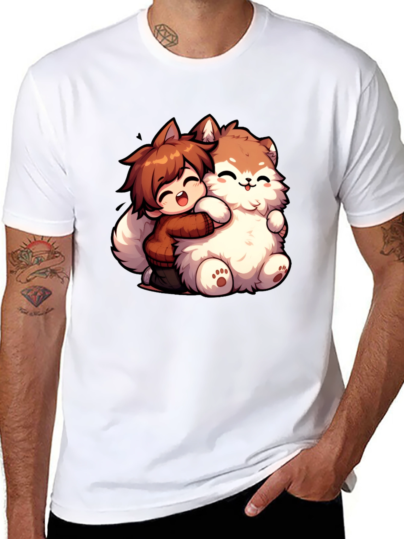 Anime Boy Hugging Fluffy Dog Cartoon T-Shirt