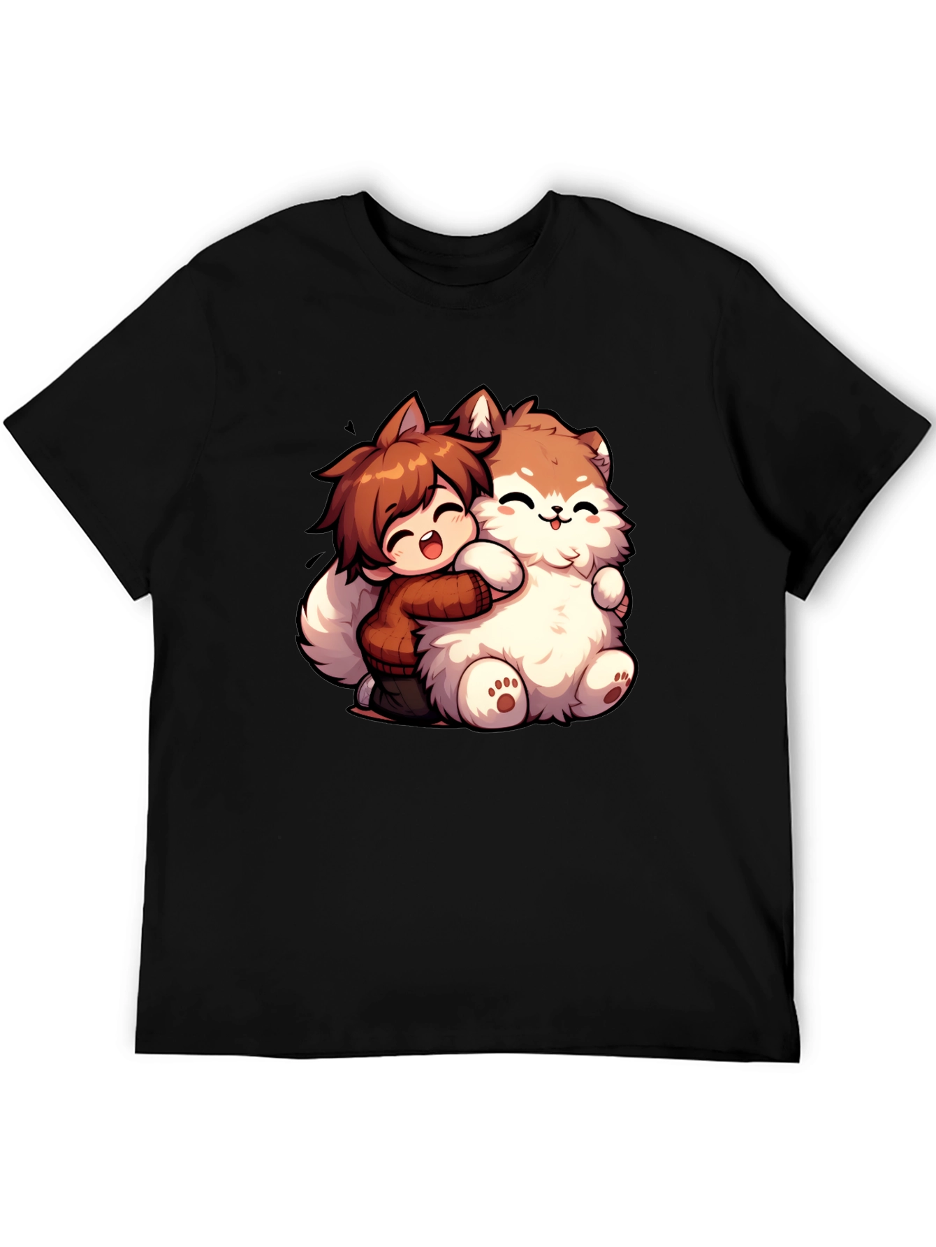 Anime Boy Hugging Fluffy Dog Cartoon T-Shirt