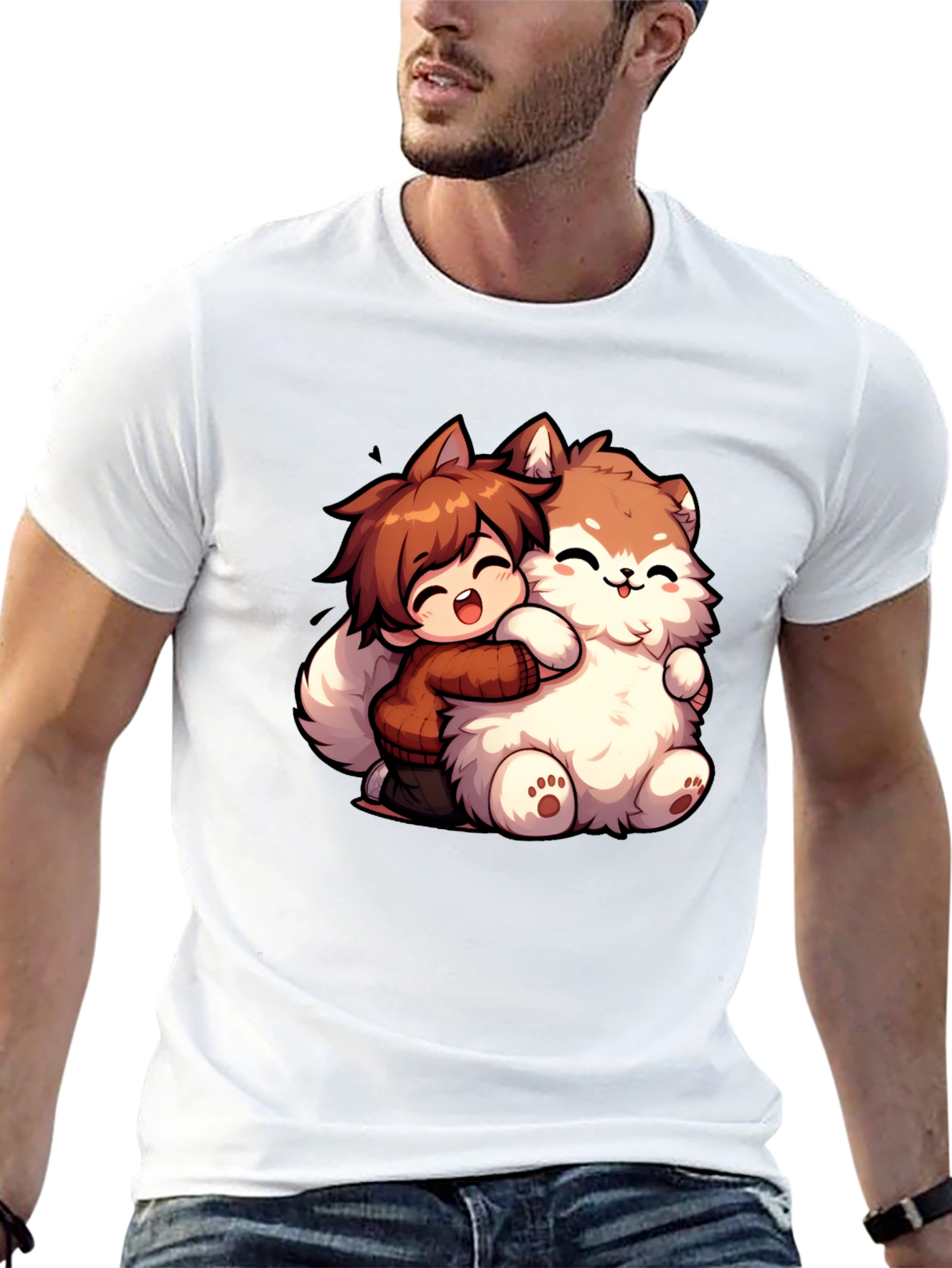 Anime Boy Hugging Fluffy Dog Cartoon T-Shirt