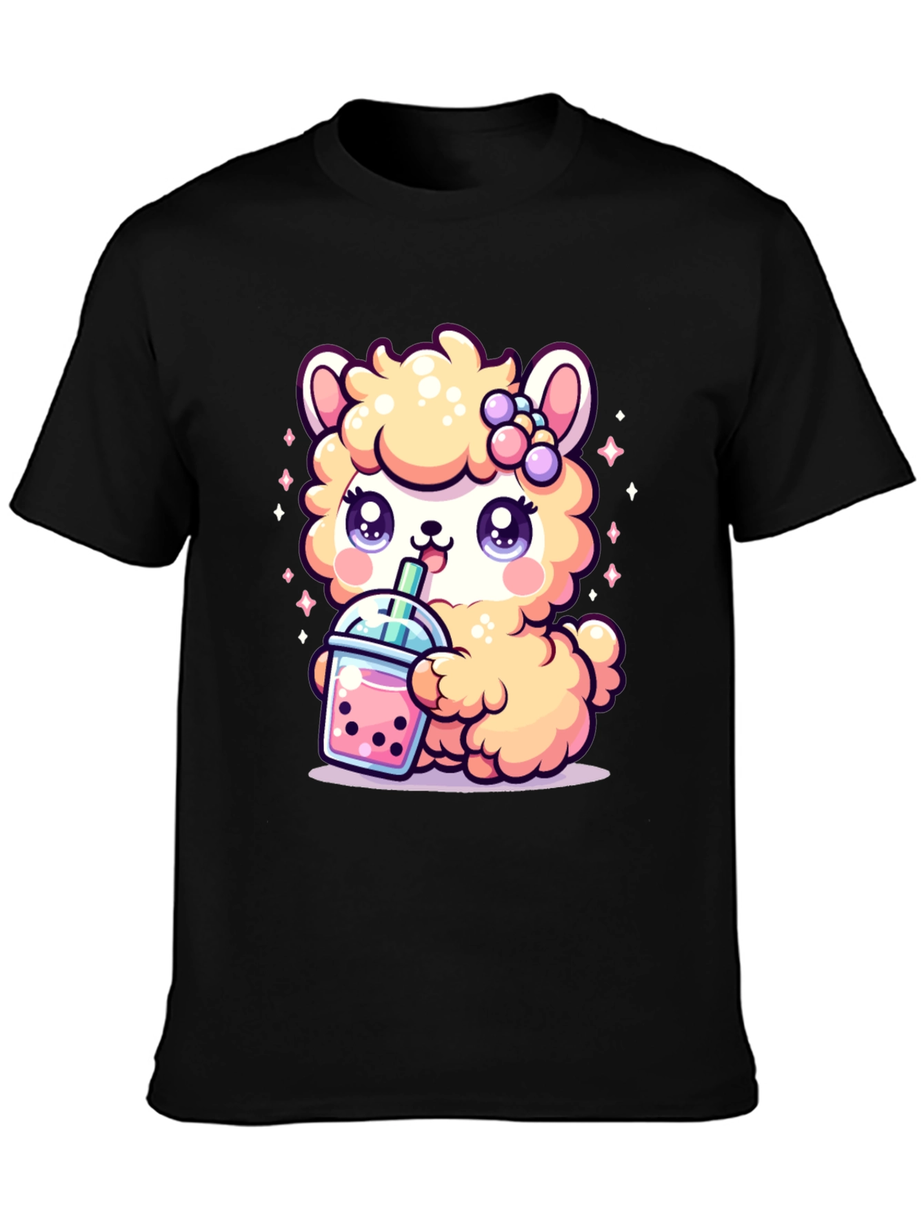 Cute Kawaii Llama Bubble Tea Black T-Shirt