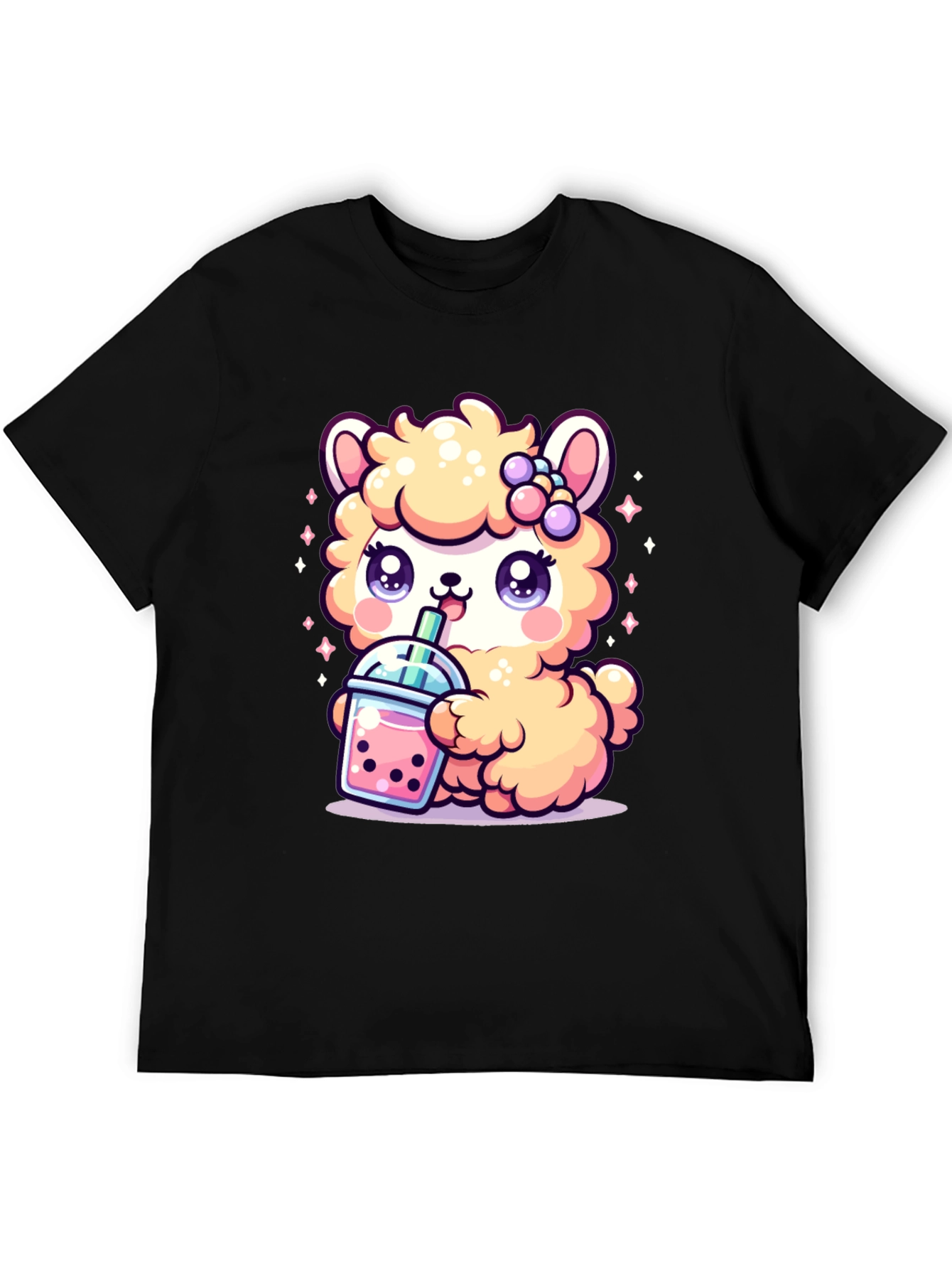 Cute Kawaii Llama Bubble Tea Black T-Shirt