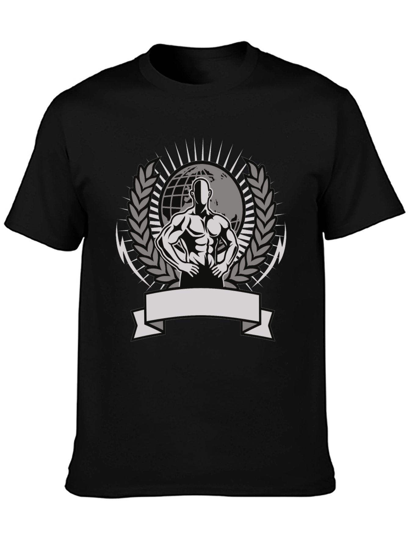 Mens Black Graphic Tee - Bodybuilder Globe Design