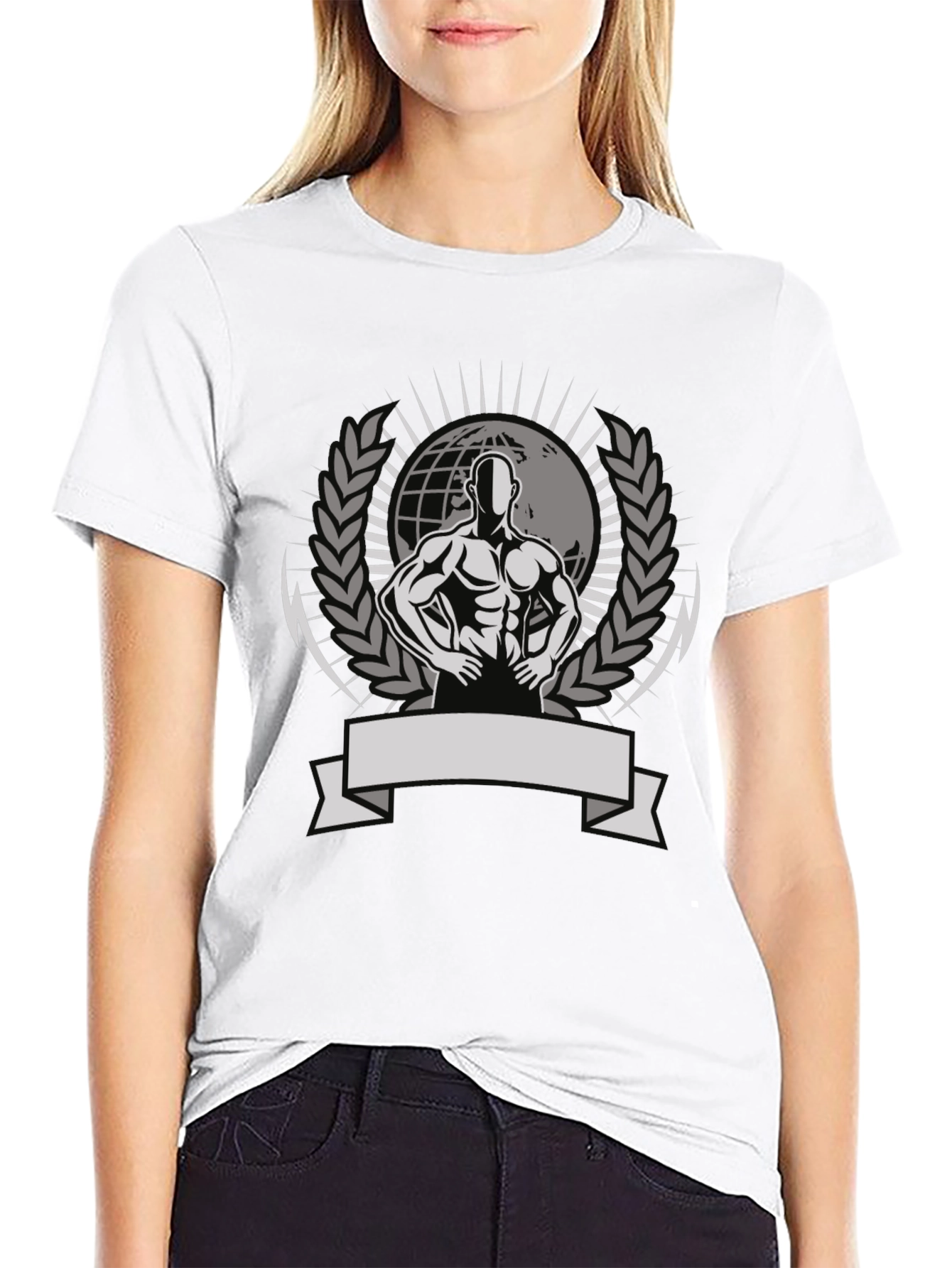 Mens Black Graphic Tee - Bodybuilder Globe Design