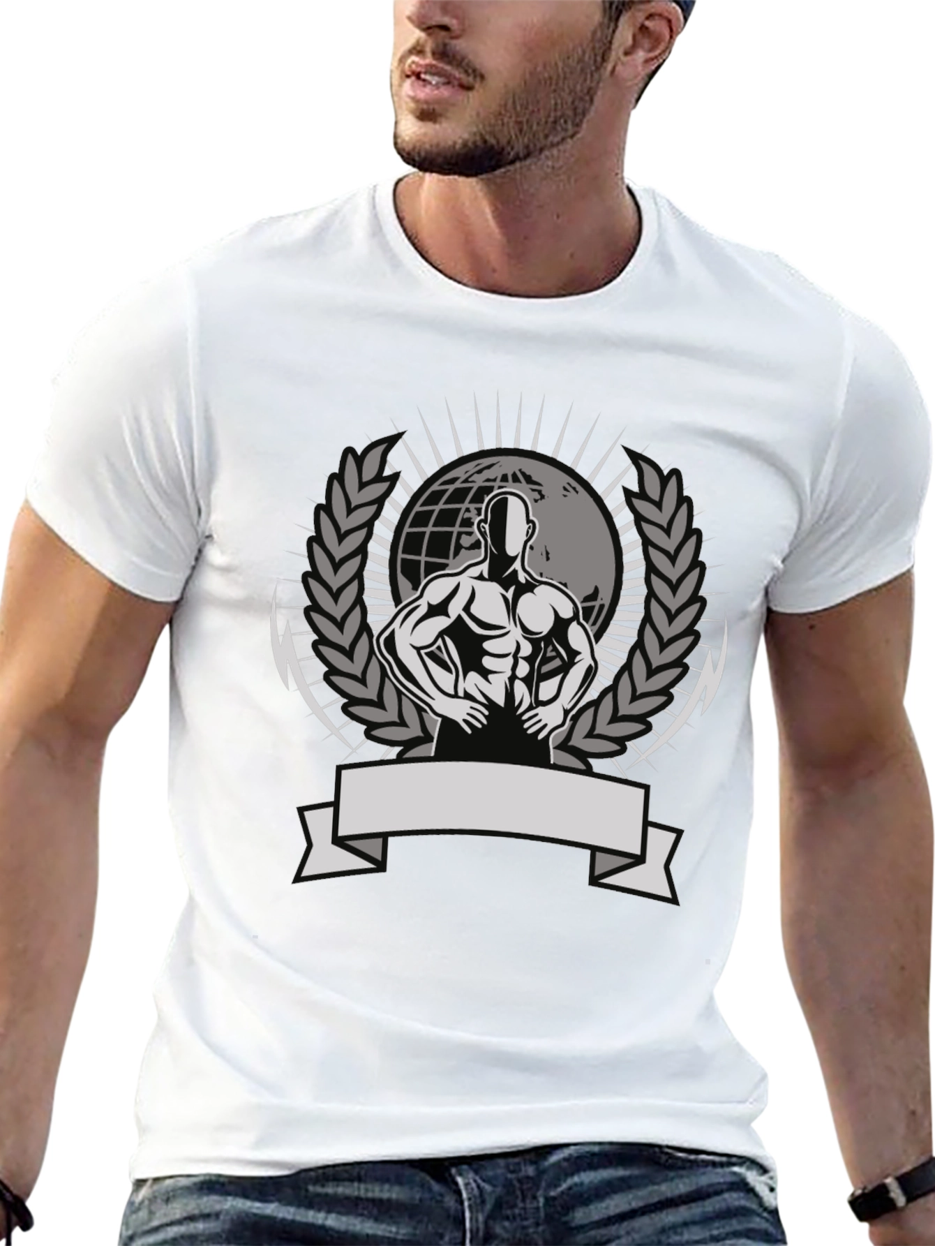 Mens Black Graphic Tee - Bodybuilder Globe Design