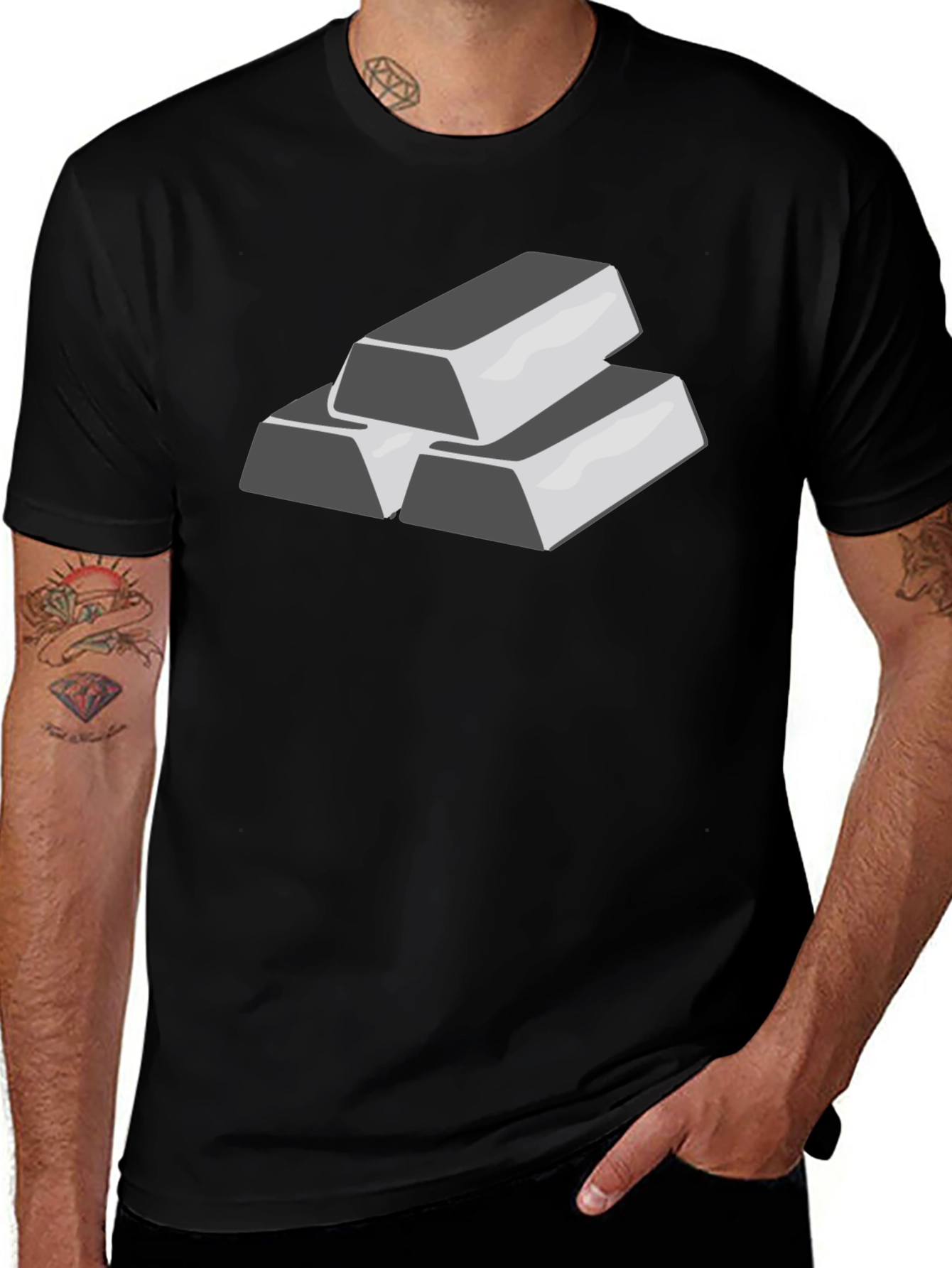 Silver Bar Stack Graphic Tee - Black Cotton T-Shirt