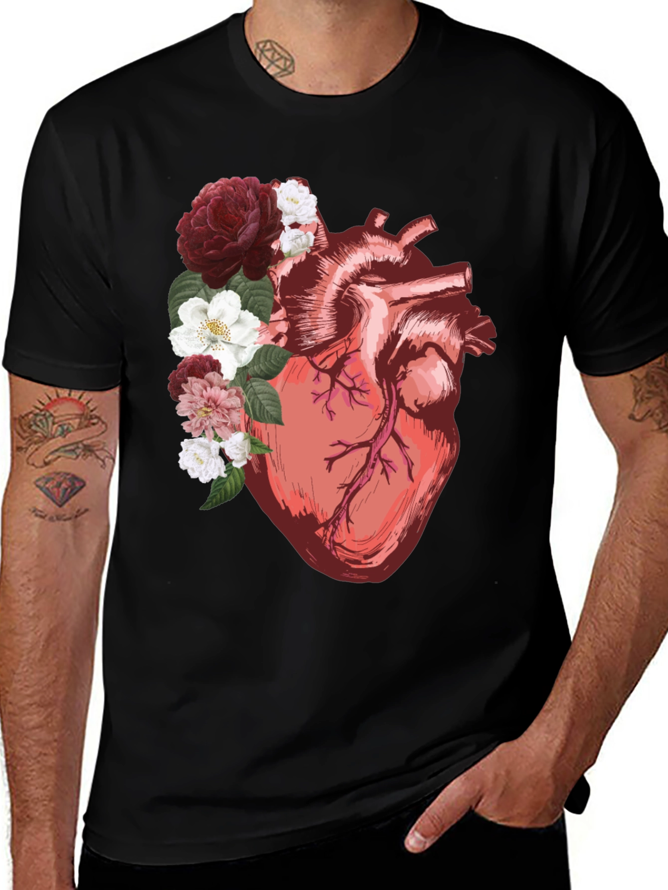 Floral Heart Graphic Tee - Anatomical Art Shirt