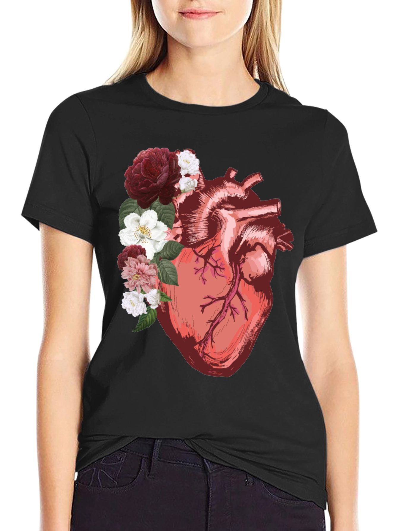 Floral Heart Graphic Tee - Anatomical Art Shirt