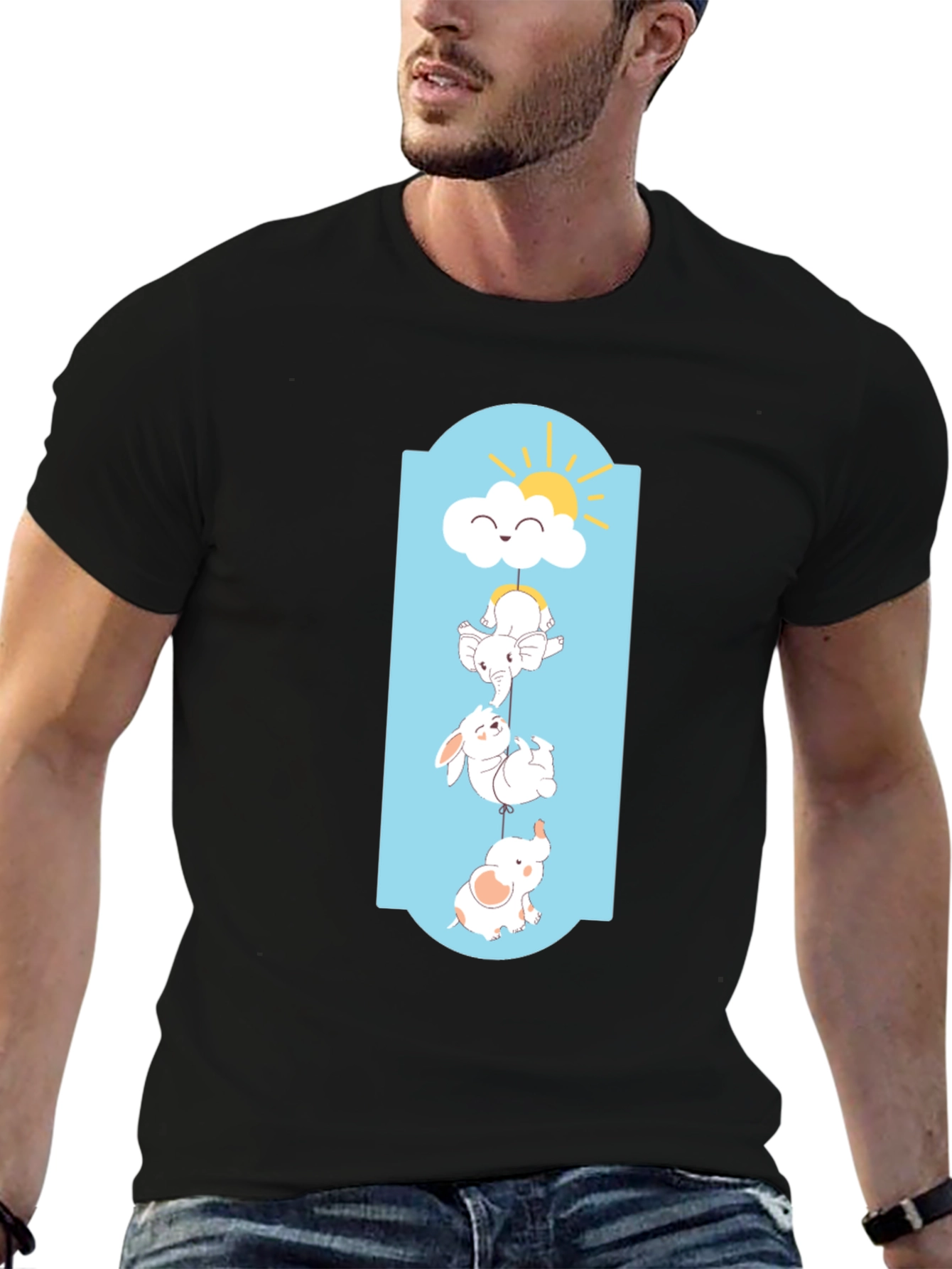 Cute Cartoon Animal Graphic Black T-Shirt
