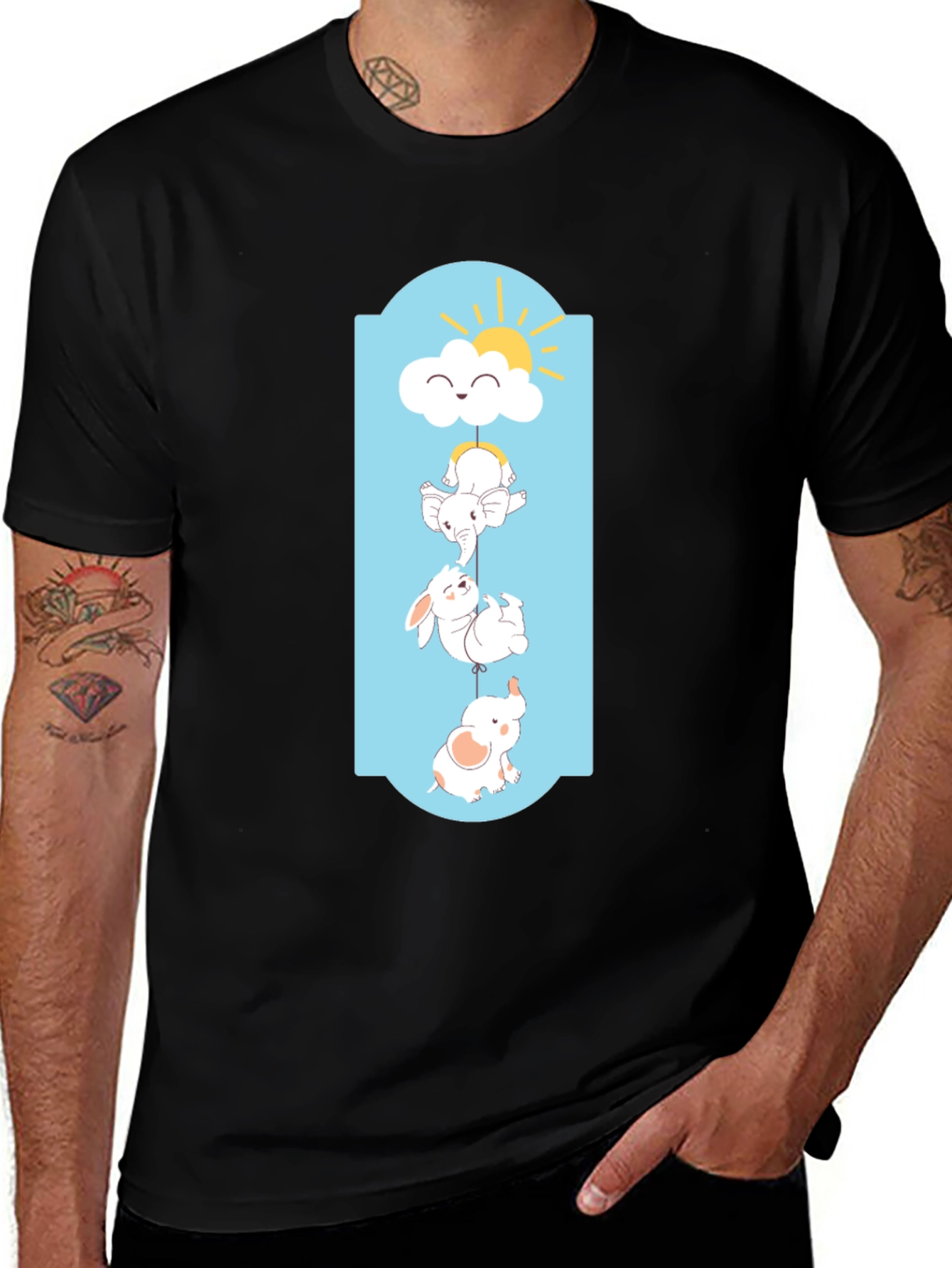 Cute Cartoon Animal Graphic Black T-Shirt