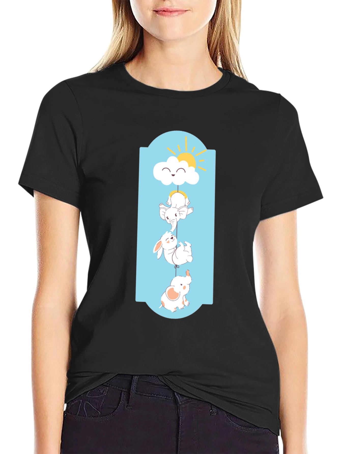 Cute Cartoon Animal Graphic Black T-Shirt