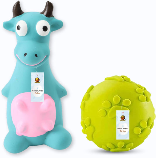 2in1 Combo of Latex Squeaky Sound Chew Toy - (Blue Bull and Claw Ball) for Small Dogs & Puppies | Interactive Non - Toxic Durable Rubber Pet Toy for Training, Chewing and Playing