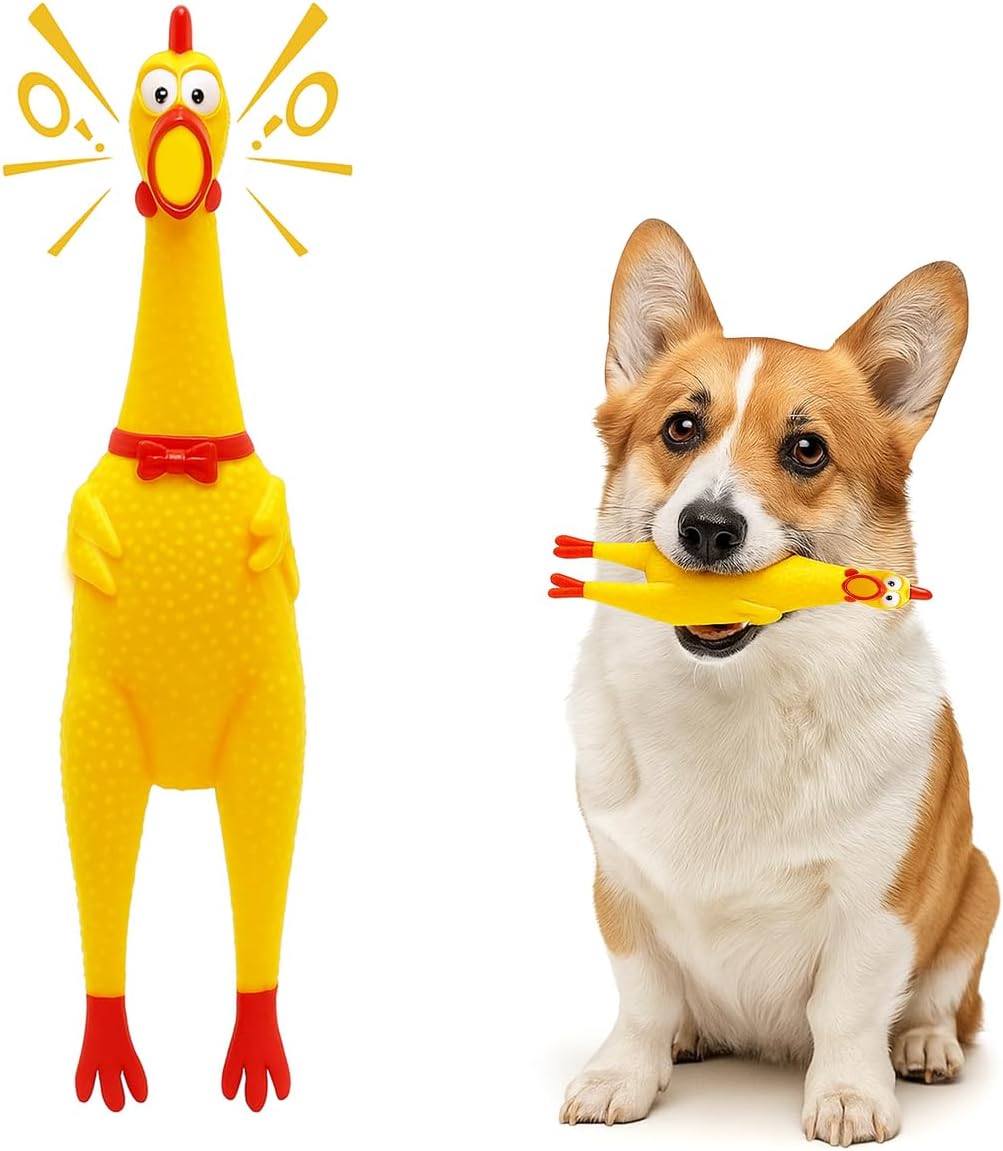 Squeaky Rubber Chicken Dog Toy | Durable Funny Interactive Chew Toy | Loud Squeaky Sound and Stress Relief for Dogs and Puppies | Training Teething Toy | Non Toxic | Prank Noise Maker