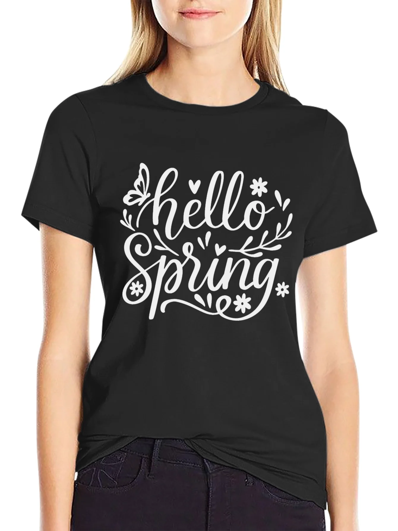 Hello Spring Black Graphic T-Shirt