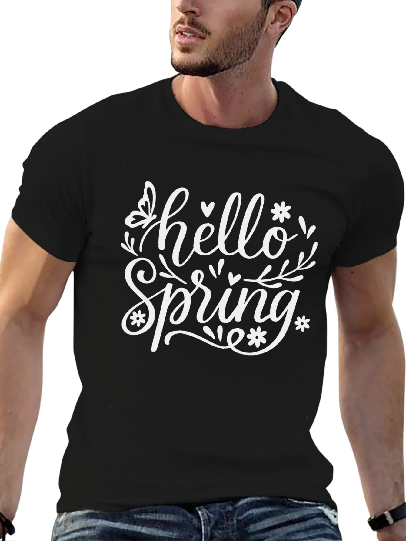 Hello Spring Black Graphic T-Shirt