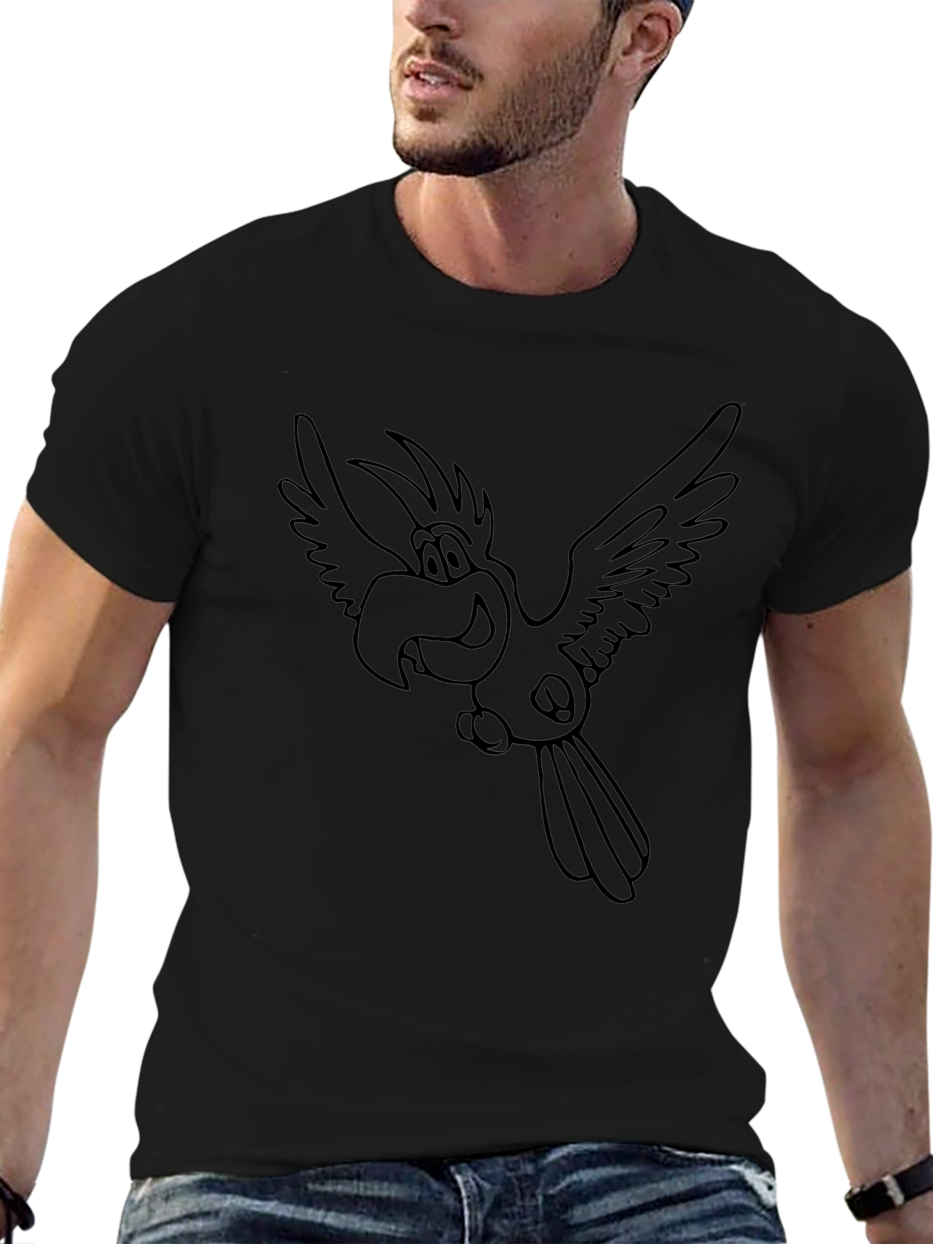 Cartoon Parrot T-Shirt - Black Casual Tee