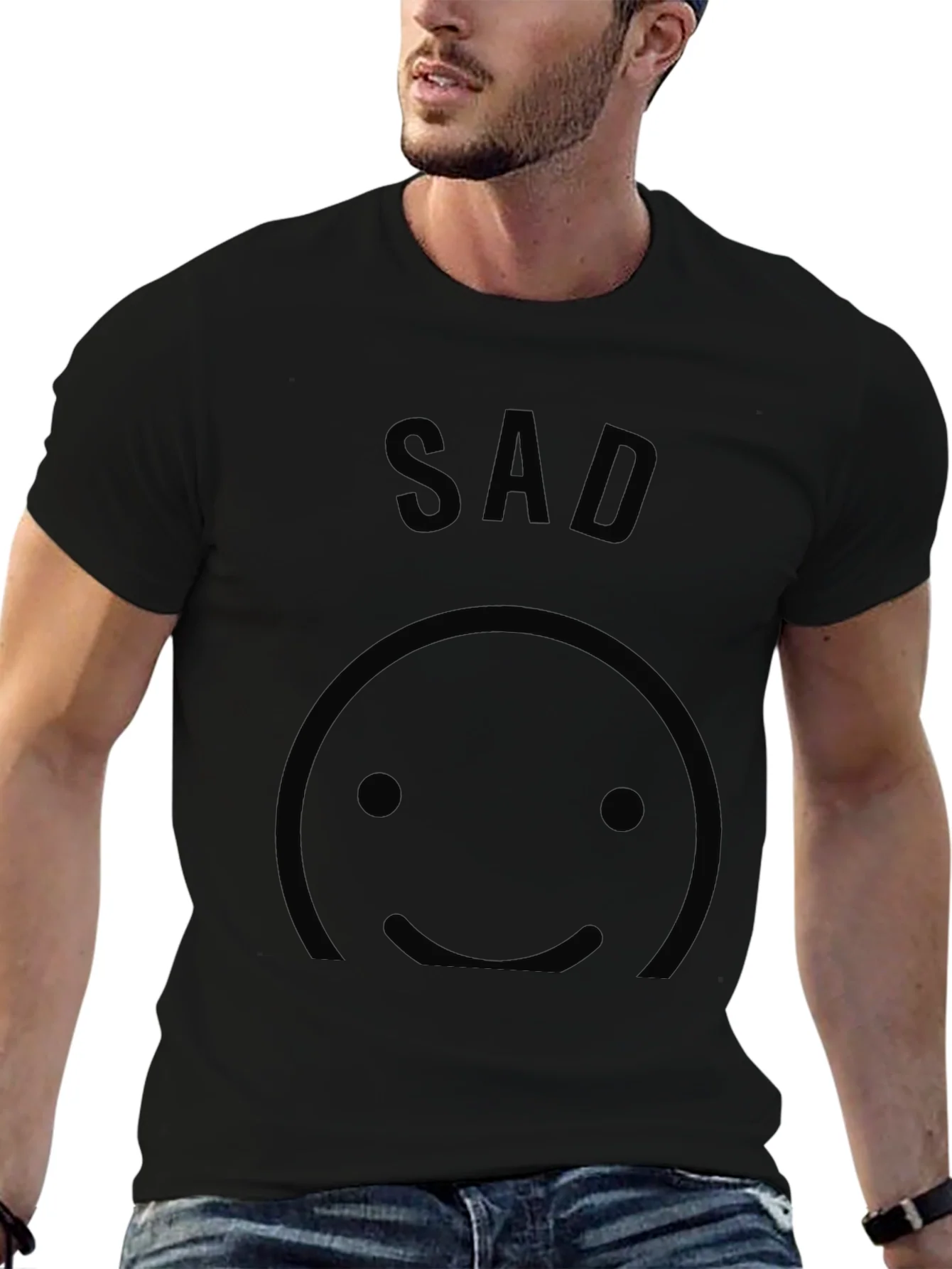Mens Black SAD Smiley Face T-Shirt