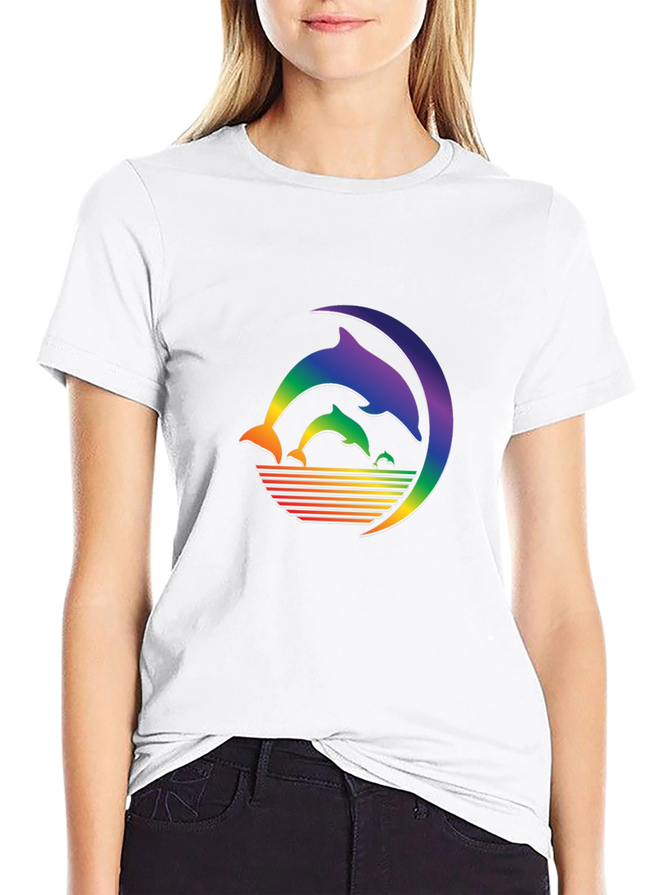 Rainbow Dolphin T-Shirt - Black Cotton Graphic Tee