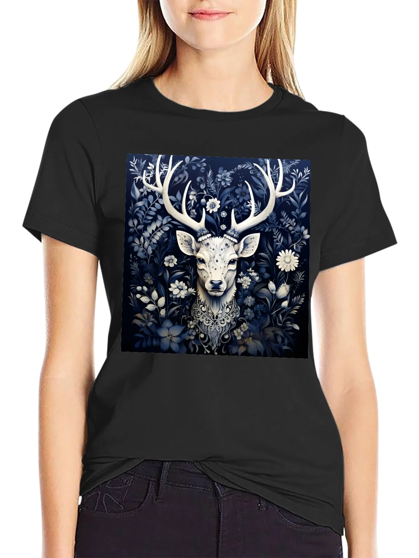 Deer in Bloom Graphic Tee - Black