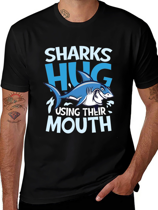 Funny Sharks Hug with Mouth Black T-Shirt