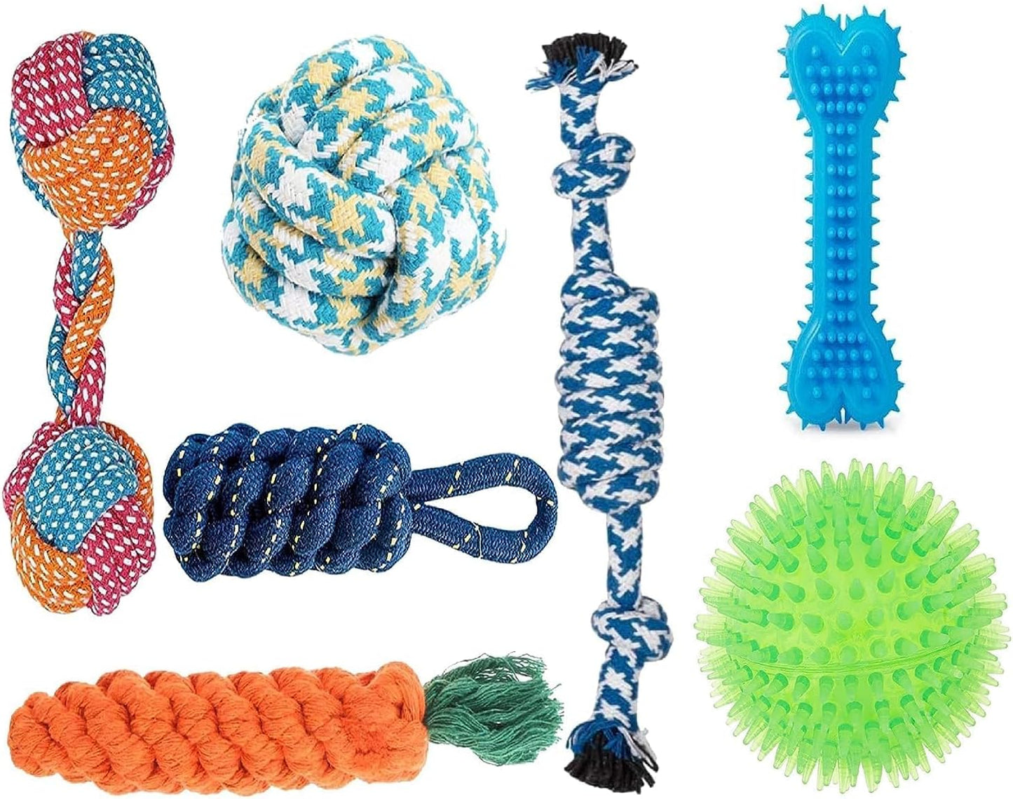 Dog Rope Toys + Tug of War Pet Combo + Dog Chew Rope Set + Toys for Puppy + Pet Chew Hard Spike Bone + Cotton Rope + Poly Mix Chew Toys (Pack of 7, Color May Vary)