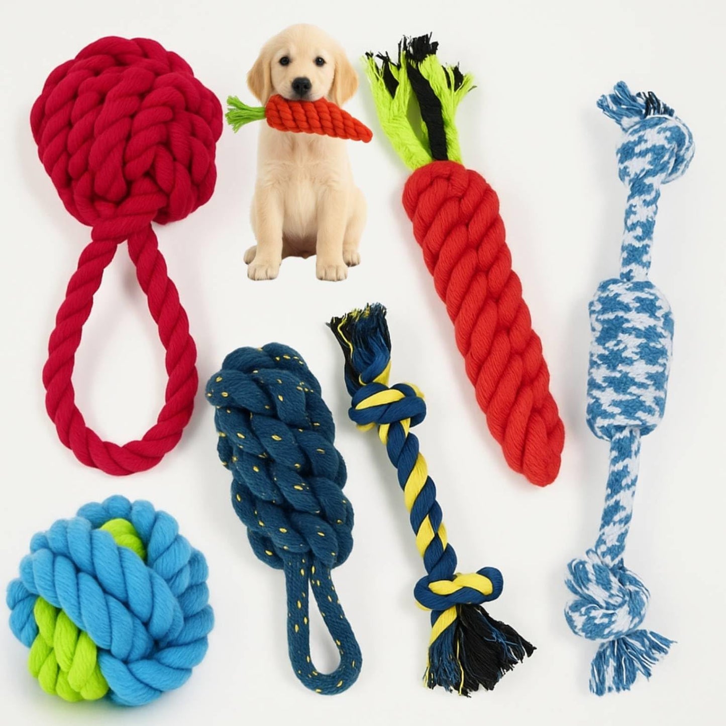 Dog Rope Toys Set for Puppies & Small Dogs ? 6 Durable Chew Toys for Teething & Tug of War | Interactive Pet Toys Safe Cotton Ropes with Carrot Toy & Puppy Chewing Fun - Color May Vary