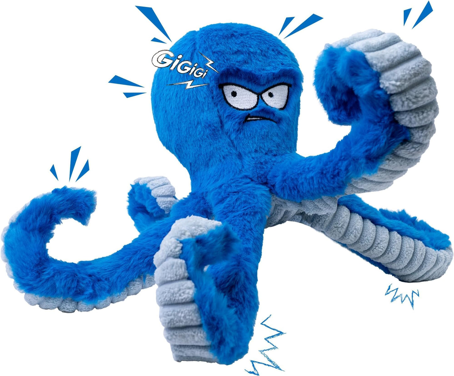 Tough Dog Toys, Stuffed Chew Large Dog Toys to Keep Them Busy, Interactive Squeaky Tug of War Doggie Toy, Crinkle Blue Octopus