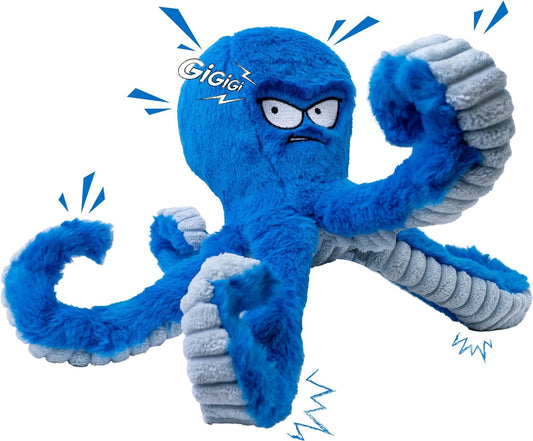 Tough Dog Toys, Stuffed Chew Large Dog Toys to Keep Them Busy, Interactive Squeaky Tug of War Doggie Toy, Crinkle Blue Octopus