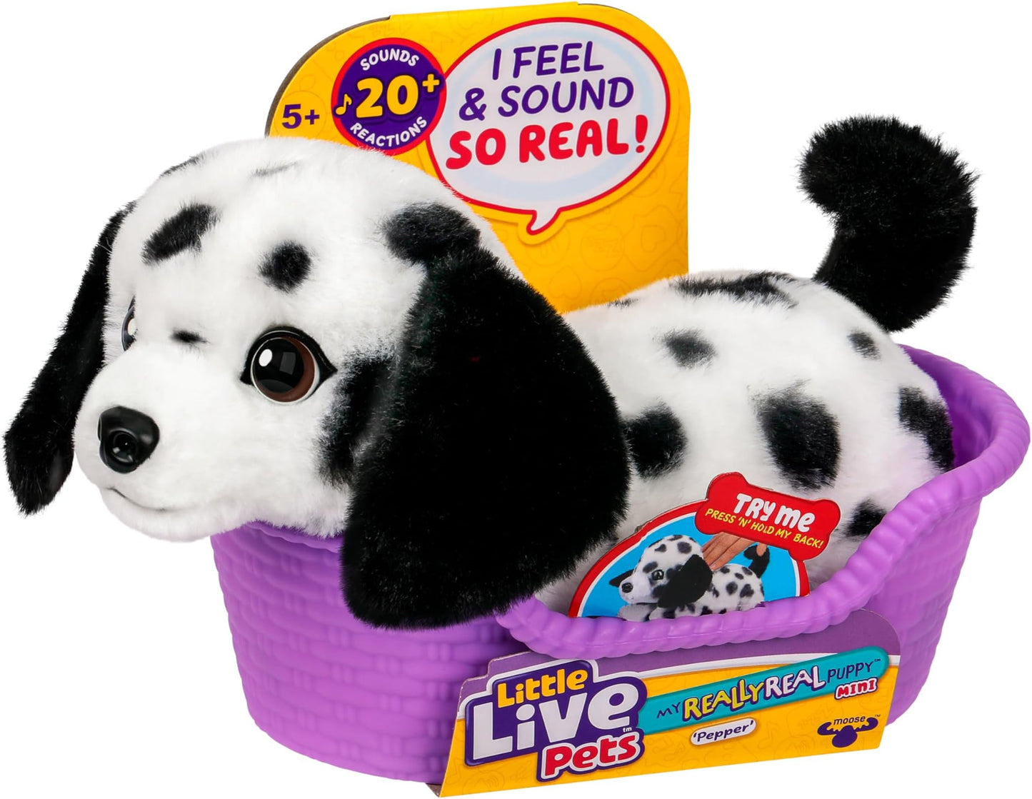 My Really Real Puppy Minis- Pepper the Dalmatian| Interactive Puppy with 20+ Sounds & Reactions- Includes Basket for Display. Fun & Adorable Gift for Kids (11cm/4.3in tall)