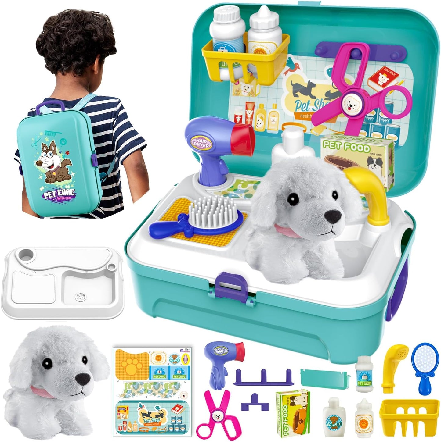 Vet Toy Pet Care Kit Role Play Set Grooming Feeding Dog Games Backpack Toys for Kids 3 4 5 Years Old Girls Boys