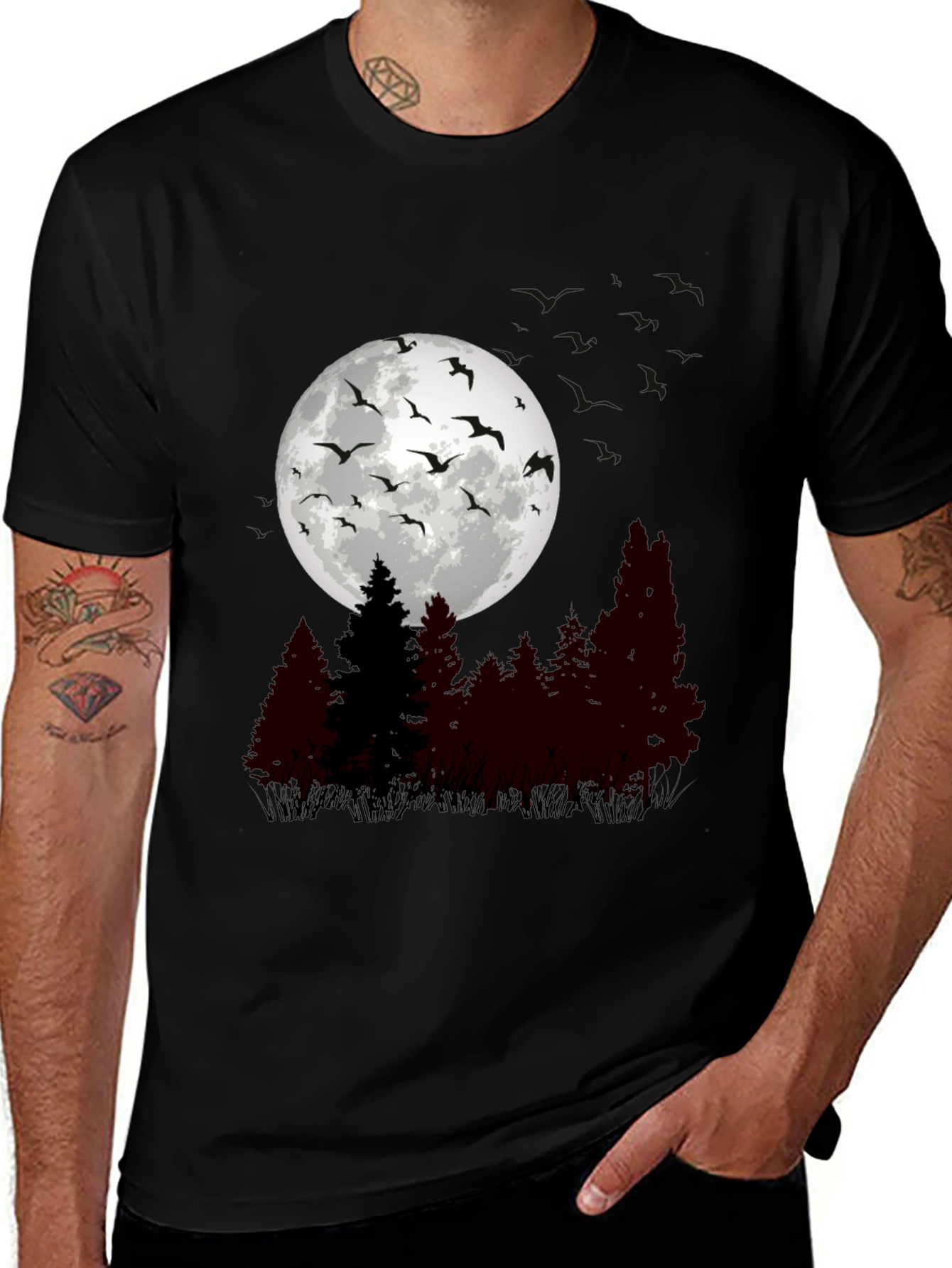 Mens Moonlit Forest Graphic Tee - Black