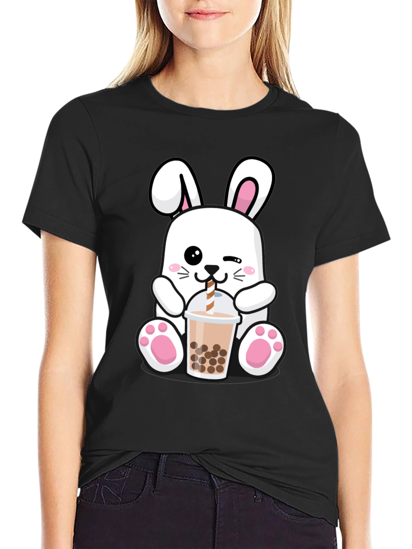 Kawaii Bunny Bubble Tea Black T-Shirt