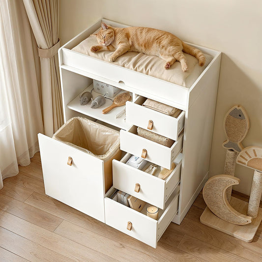 猫キャビネット 幅80cm ペット用品 収納 木製 引き出し付き 猫用品 収納家具 防臭 ニオイ軽減 - Top Rated