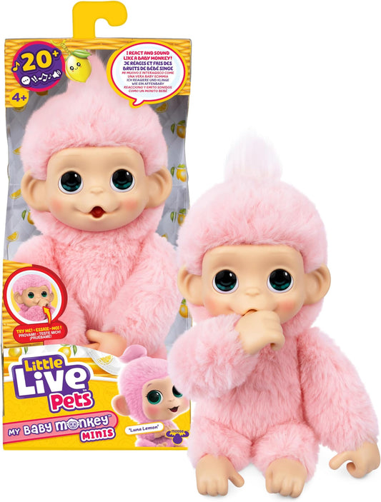 Baby Monkey Minis – Luna Lemon. Interactive Pet Toy. 20+ Sounds & Reactions. Soft Pink Fur. 7.4" Tall. Feed, Nurture. React. Grippy Hands & Feet. Collect All 3