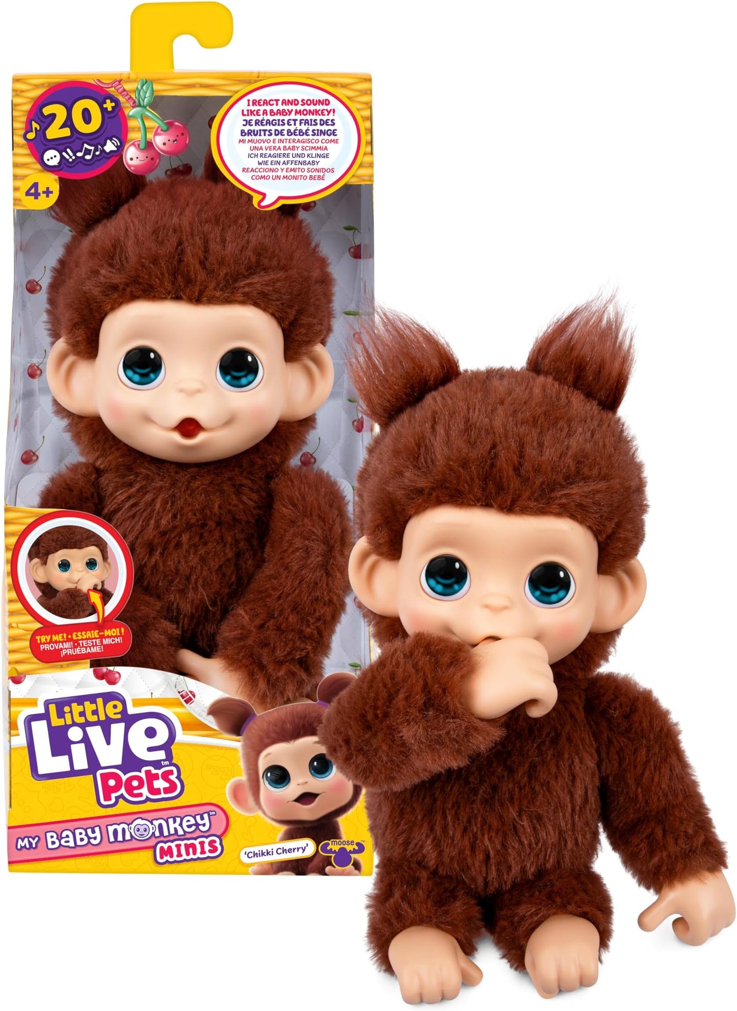 Baby Monkey Minis – Chikki Cherry. Interactive Pet Toy. 20+ Sounds & Reactions. Soft Brown Fur. 7.4" Tall. Super Realistic. Feed, Nurture, React. Grippy Hands & Feet. Collect All 3