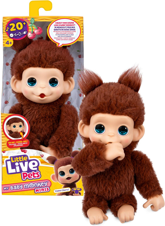 Baby Monkey Minis – Chikki Cherry. Interactive Pet Toy. 20+ Sounds & Reactions. Soft Brown Fur. 7.4" Tall. Super Realistic. Feed, Nurture, React. Grippy Hands & Feet. Collect All 3