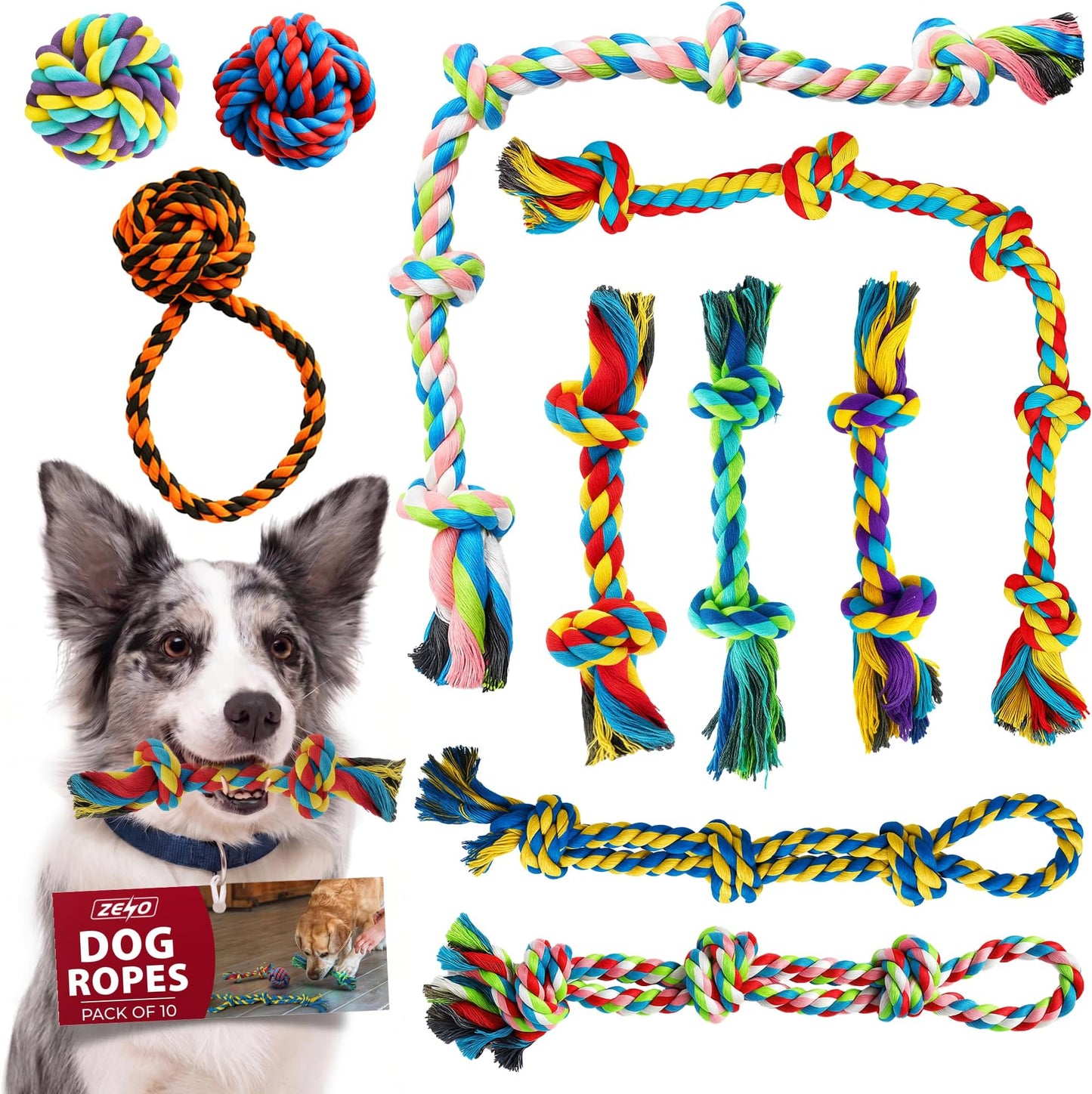 Dog Toys 10 Pack | Indestructible Dog Toys | Rope Chew Toys for Dogs | Strong Rope, Ball & Tug for Teething | Puppy Teething Toys | 100% Natural Cotton | Great for Small, Medium & Large Dogs