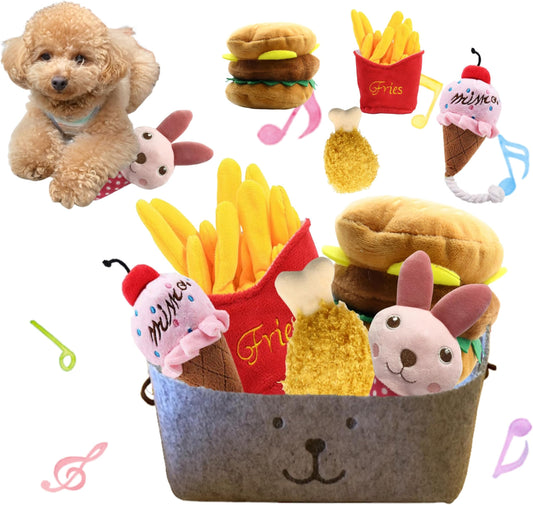BLUE STARZ 13923 Dog Toy, Hamburger Set, Plush, Small Dogs, Medium Dogs, Squeaky Toy, Chew Toy, Stress Relief, Lack of Exercise, Teeth Care, Washable, Unbreakable, Chewing Bit, One Burger Set (Rabbit