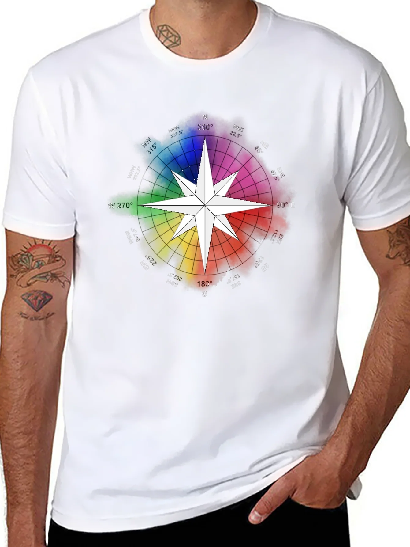 Rainbow Compass Star Graphic T-Shirt - Stylish Black Tee