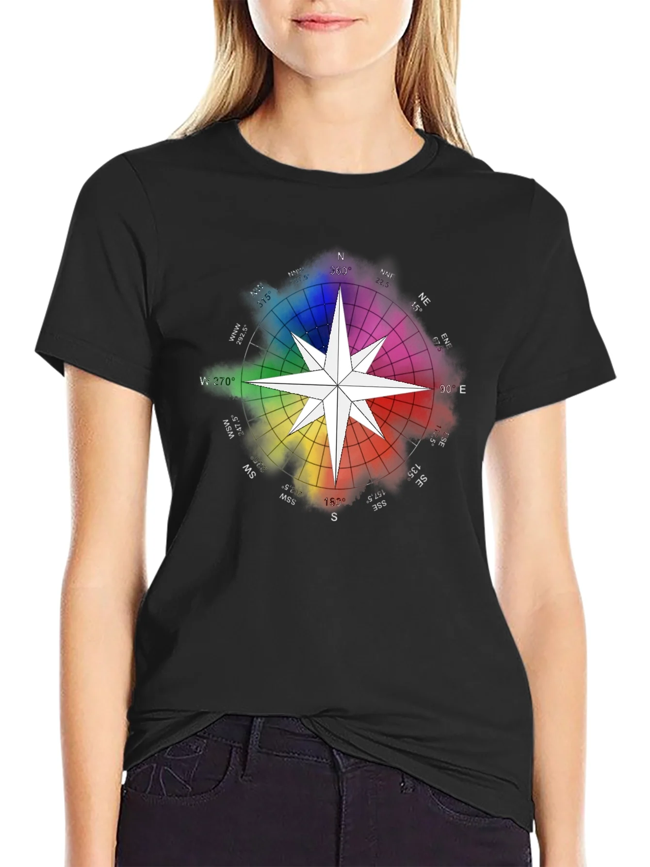 Rainbow Compass Star Graphic T-Shirt - Stylish Black Tee