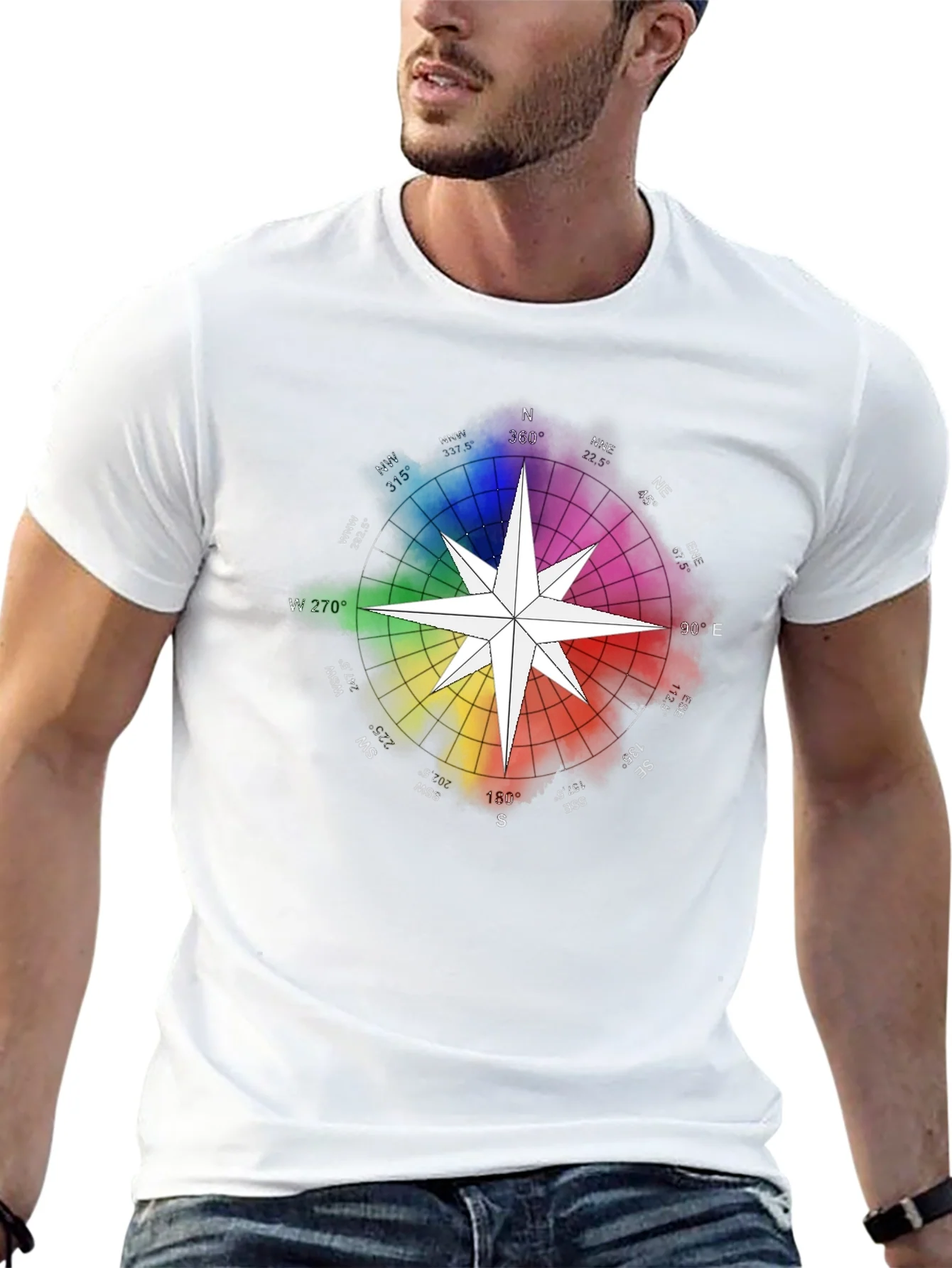 Rainbow Compass Star Graphic T-Shirt - Stylish Black Tee