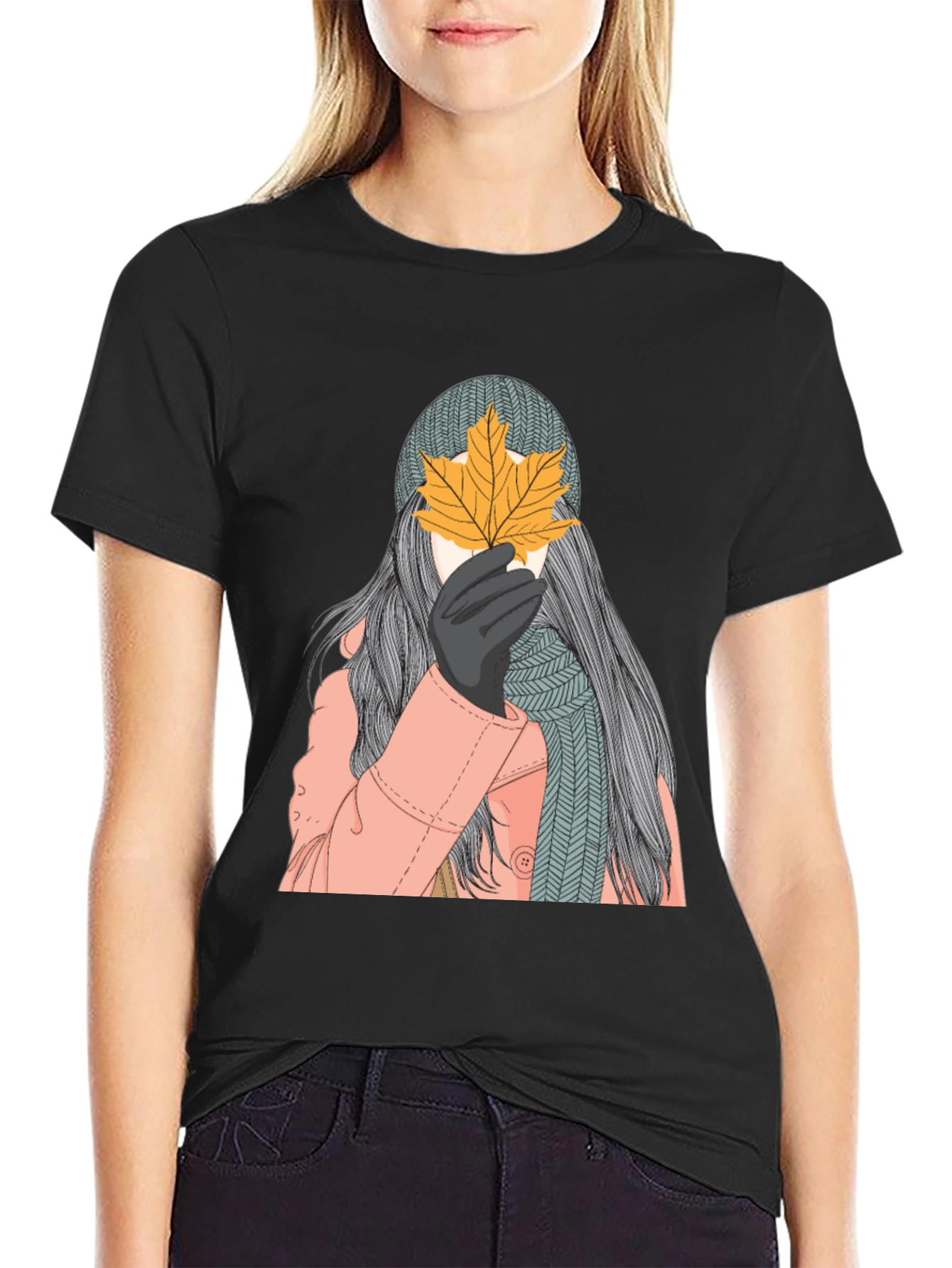 Autumn Leaf Graphic Black T-Shirt