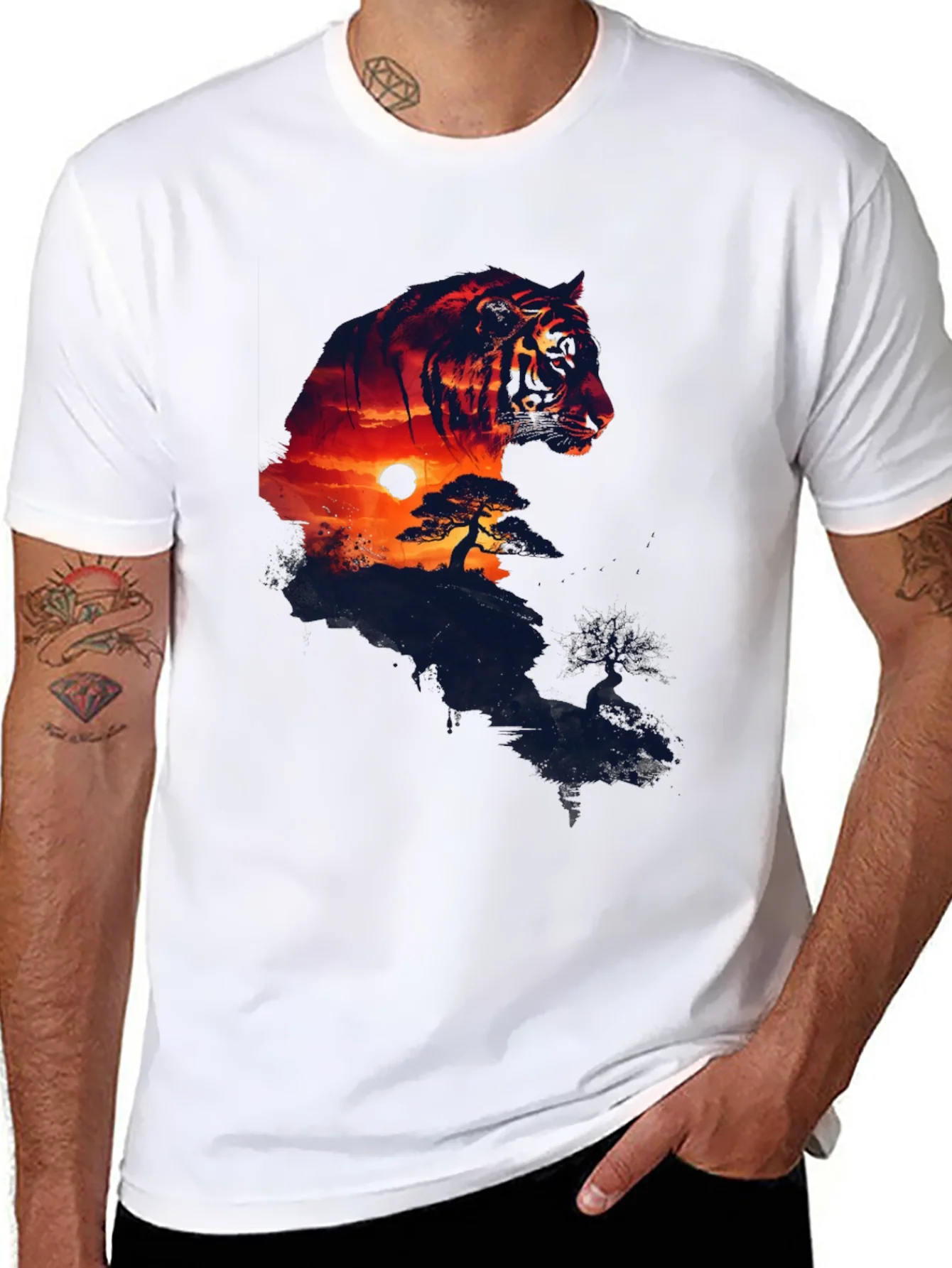 Sunset Tiger Graphic T-Shirt - Stylish Mens Tee